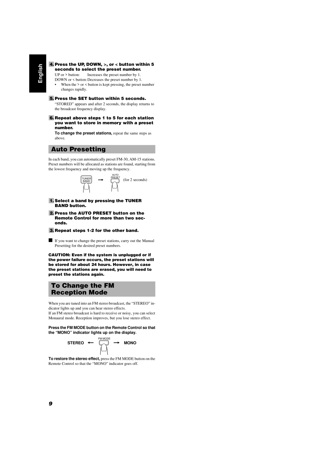 JVC FS-V5 manual Auto Presetting, To Change the FM Reception Mode, Press the SET button within 5 seconds 