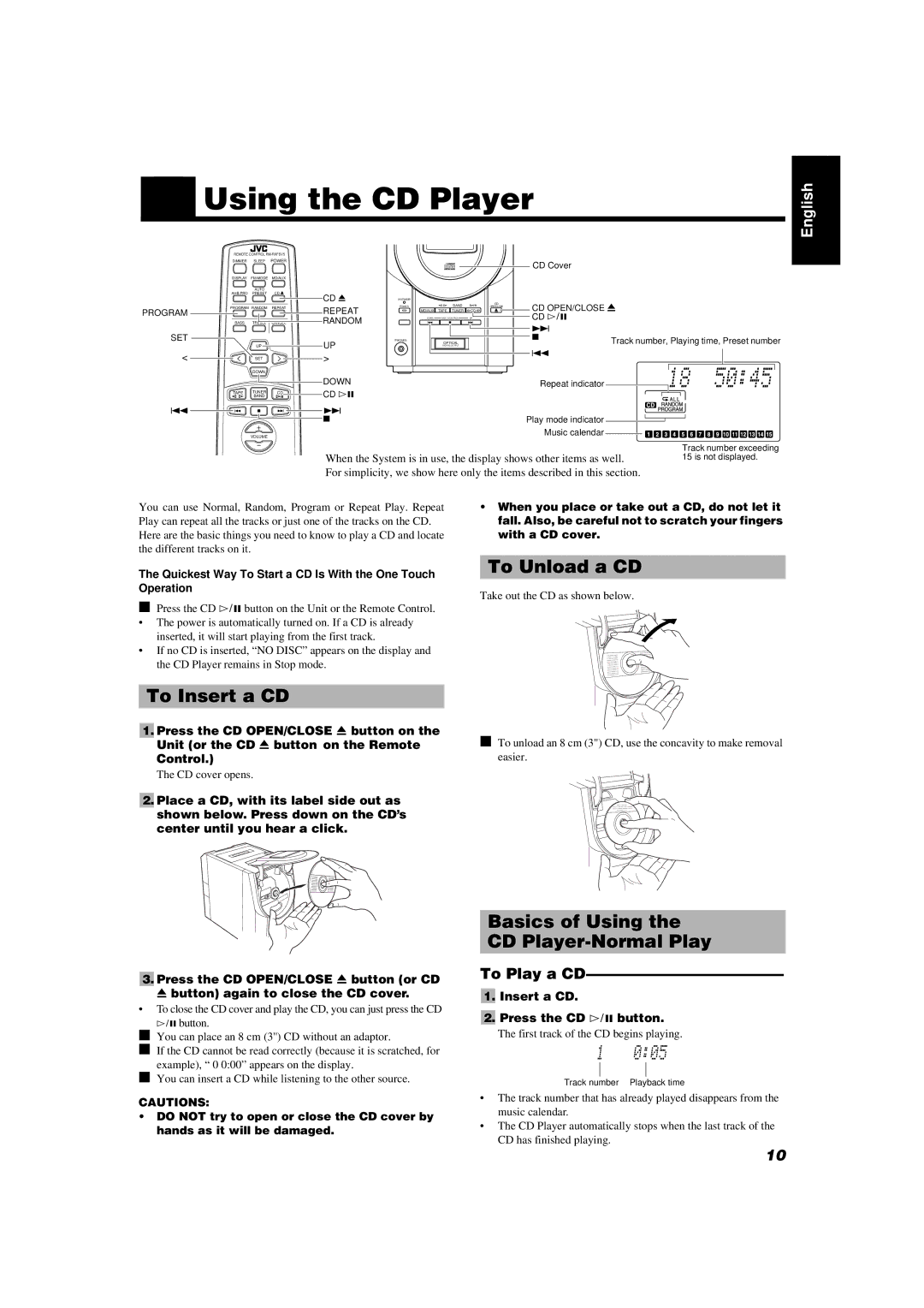 JVC FS-V5 manual Using the CD Player, To Insert a CD, To Unload a CD, Basics of Using CD Player-Normal Play, To Play a CD 