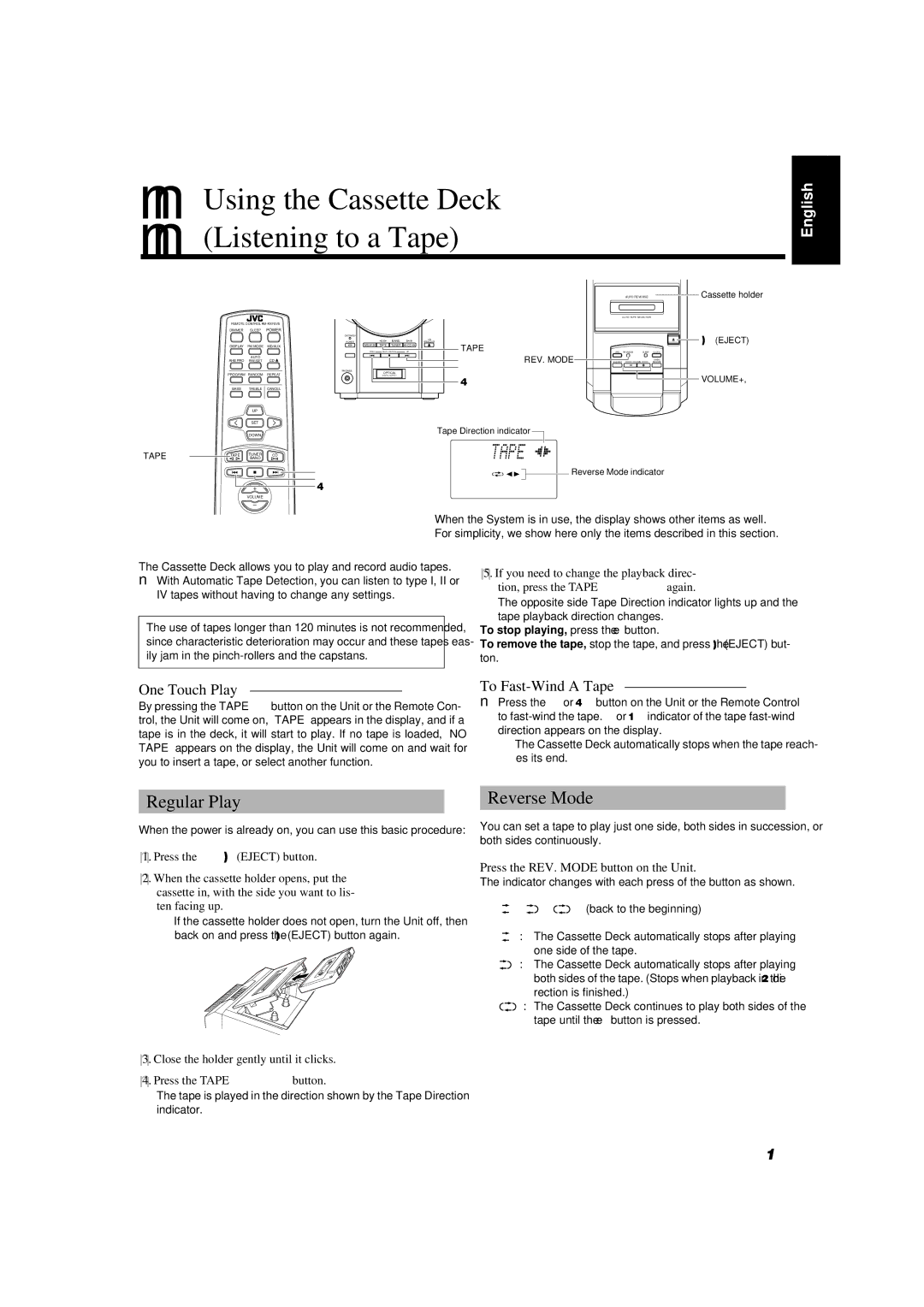 JVC FS-V5 Using the Cassette Deck Listening to a Tape, Regular Play, Reverse Mode, One Touch Play, To Fast-Wind a Tape 