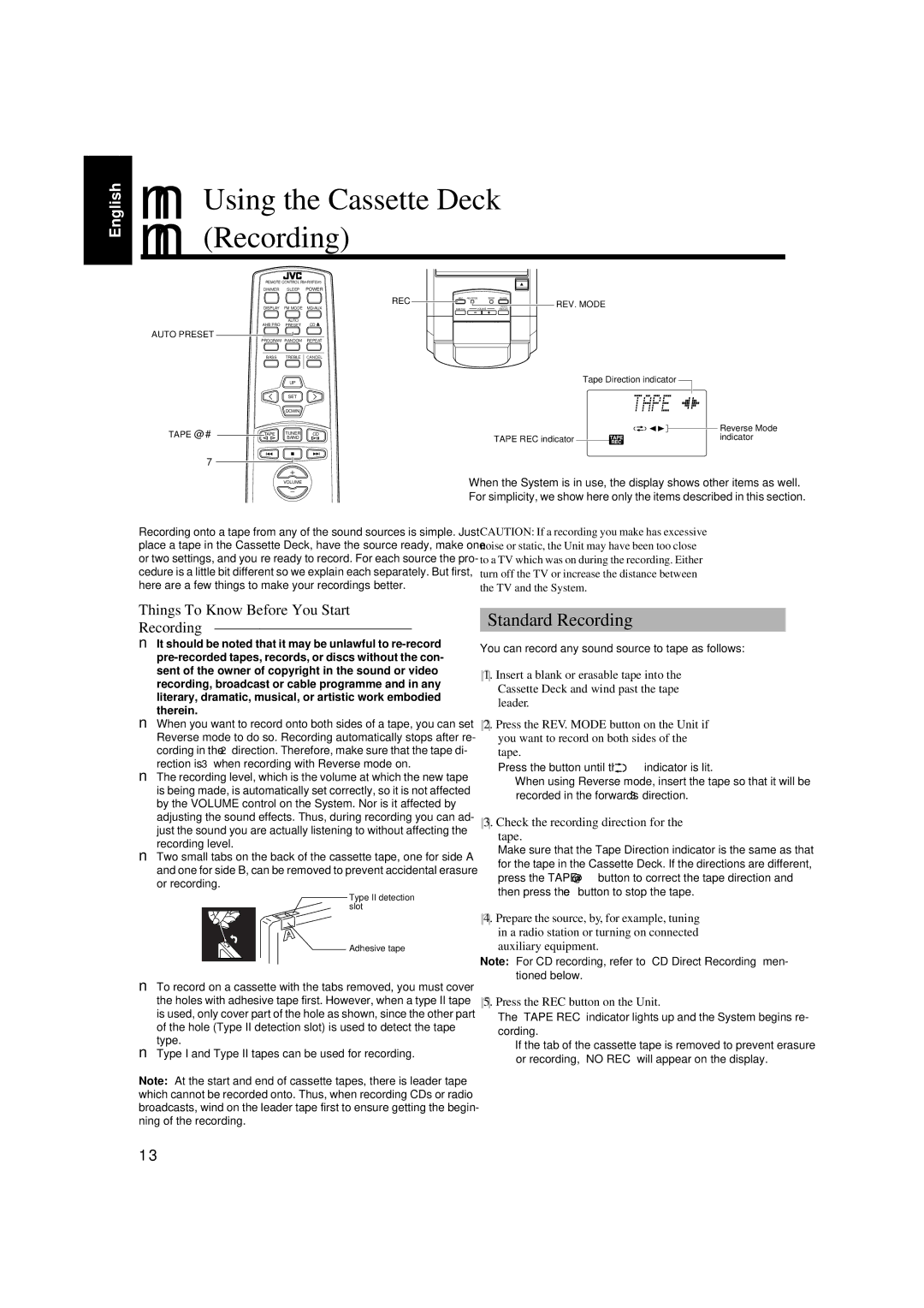 JVC FS-V5 manual Using the Cassette Deck Recording, Standard Recording, Things To Know Before You Start Recording 