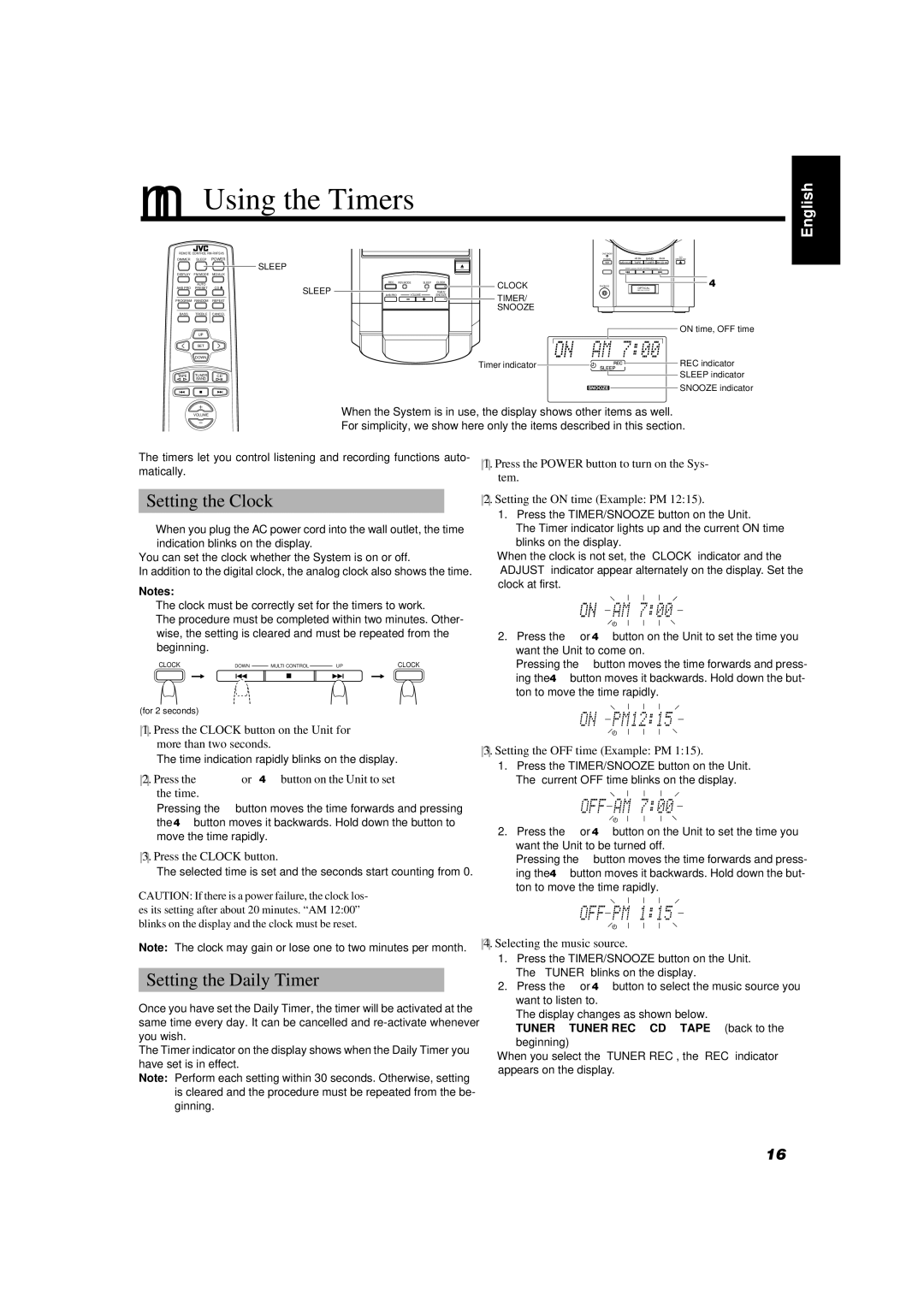 JVC FS-V5 manual Using the Timers, Setting the Clock, Setting the Daily Timer 