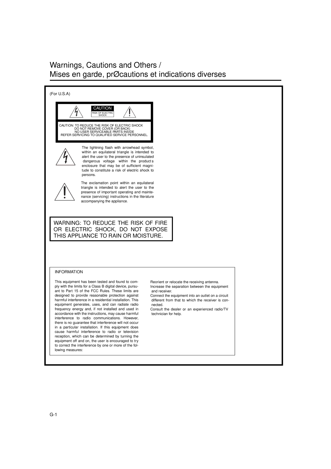 JVC FS-V5 manual Mises en garde, précautions et indications diverses, For U.S.A 