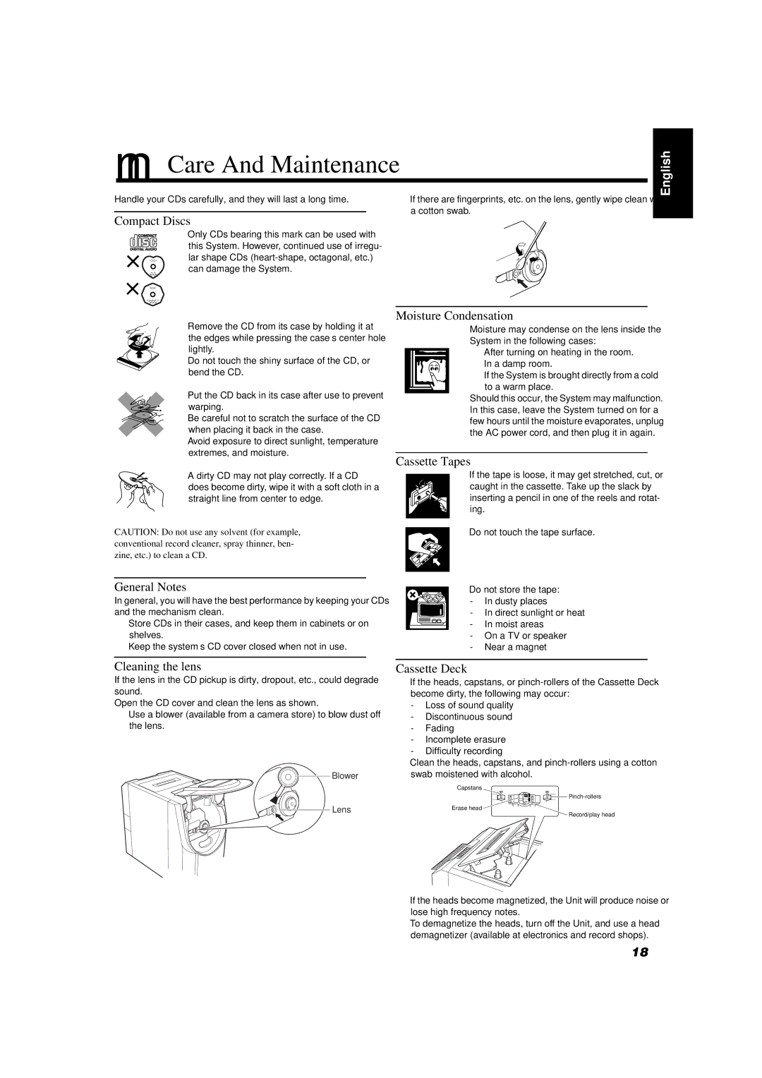 JVC FS-V5 manual Care And Maintenance 