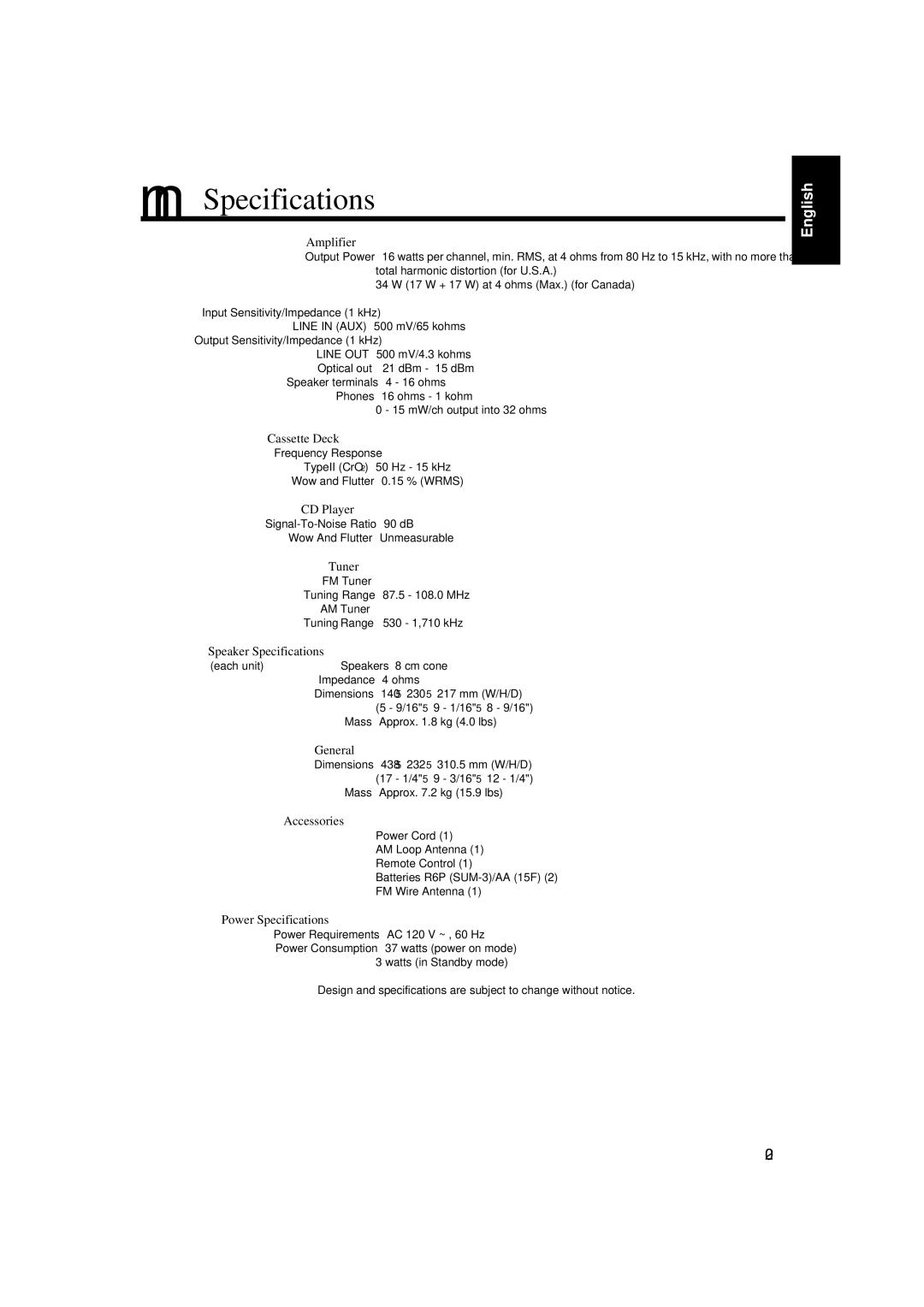 JVC FS-V5 manual Specifications 