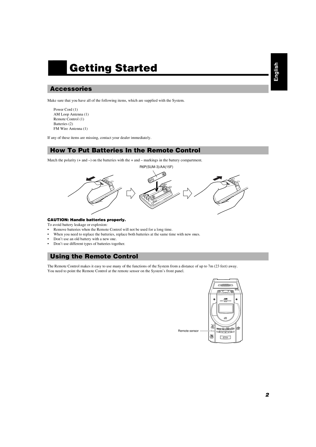 JVC FS-V5 manual Getting Started, Accessories, How To Put Batteries In the Remote Control, Using the Remote Control 