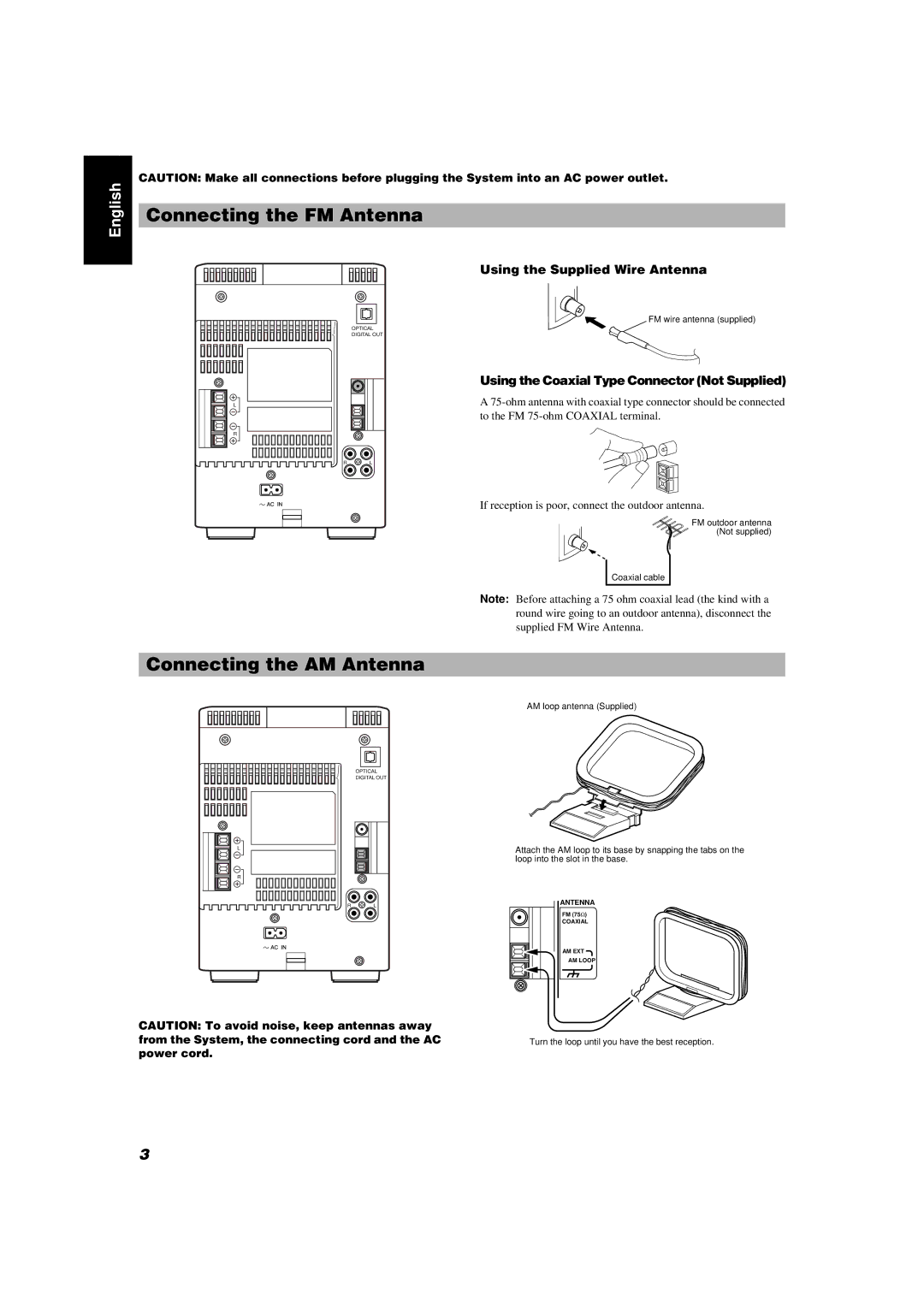 JVC FS-V5 manual Connecting the FM Antenna, Connecting the AM Antenna, Using the Supplied Wire Antenna 