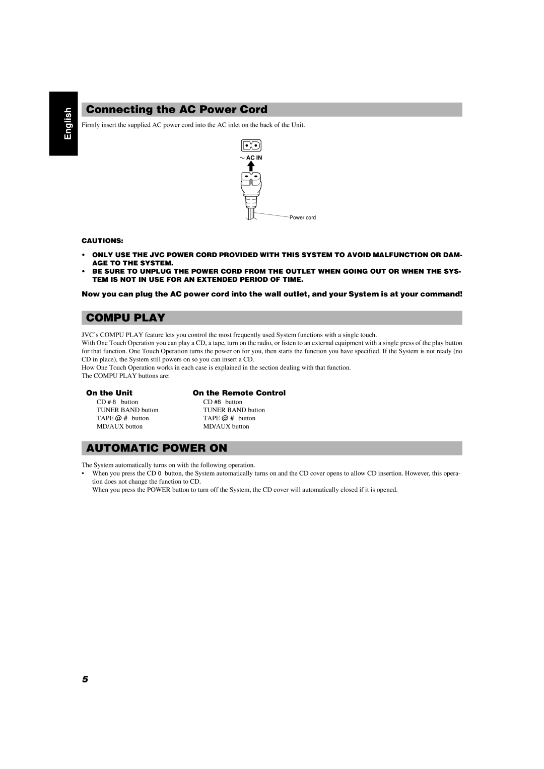 JVC FS-V5 manual Connecting the AC Power Cord, On the Unit On the Remote Control 