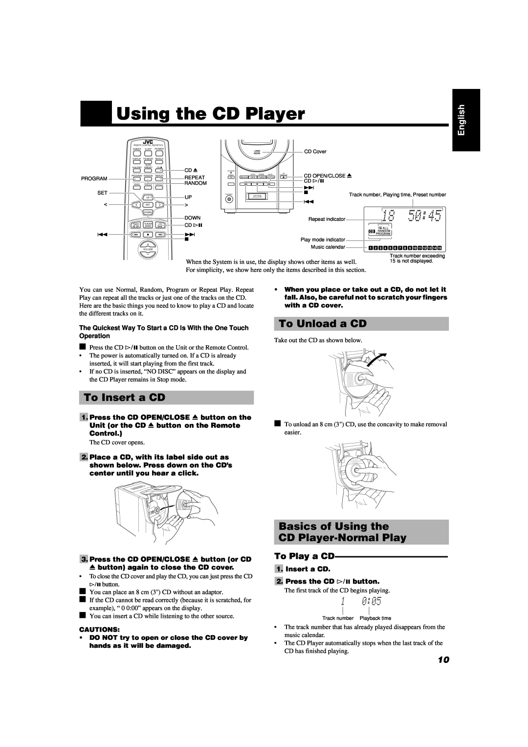 JVC FS-V5 manual To Insert a CD, To Unload a CD, Basics of Using the CD Player-NormalPlay, To Play a CD, Control 
