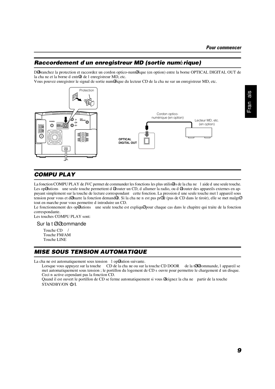 JVC SP-FSX1, FS-X 1, SP-FSX3, FS-X 3, CA-FSX3, CA-FSX1 manual Raccordement d’un enregistreur MD sortie numérique, Compu Play 