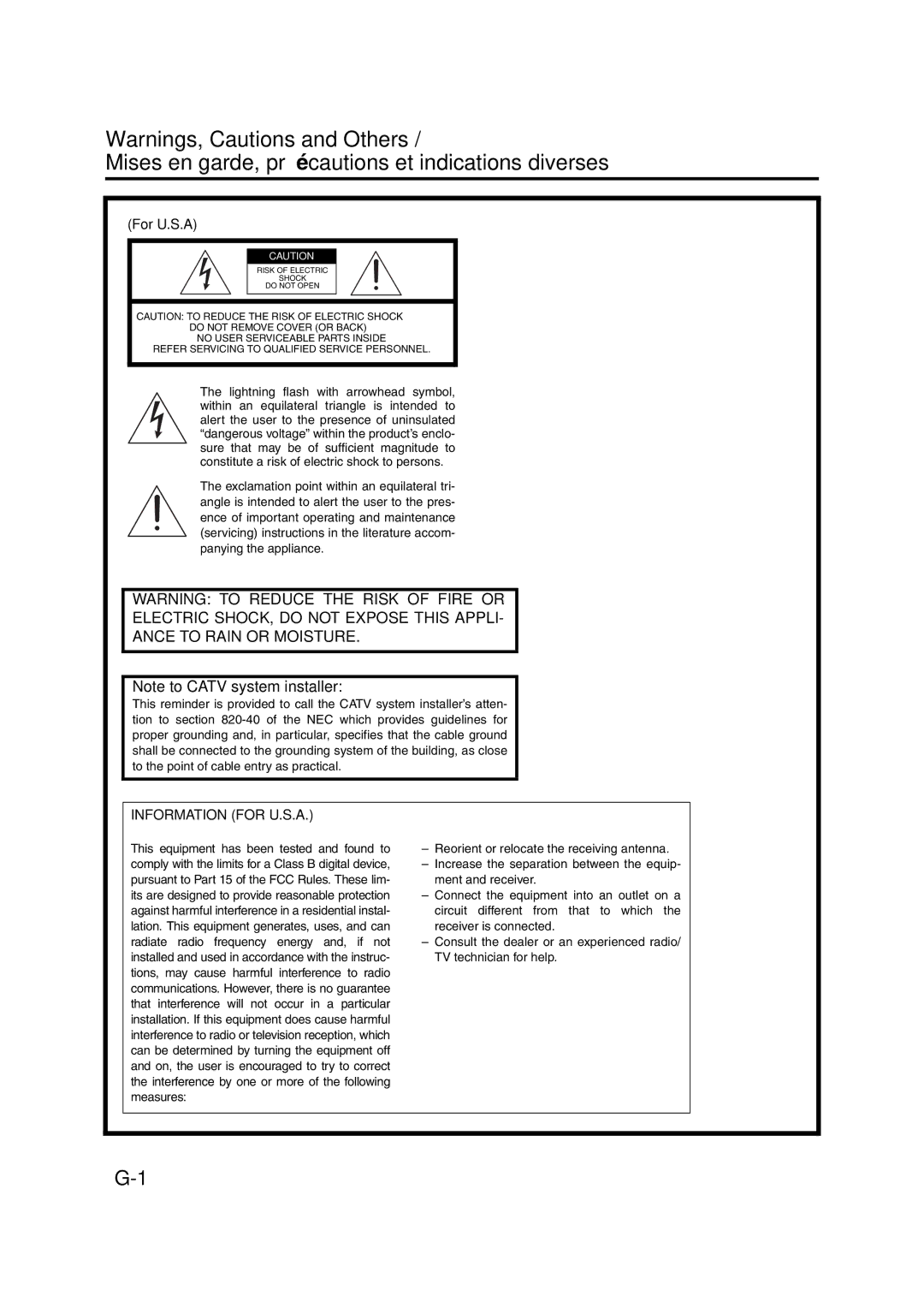 JVC SP-FSX3, FS-X 1, SP-FSX1, FS-X 3, CA-FSX3, CA-FSX1 manual Mises en garde, précautions et indications diverses, For U.S.A 