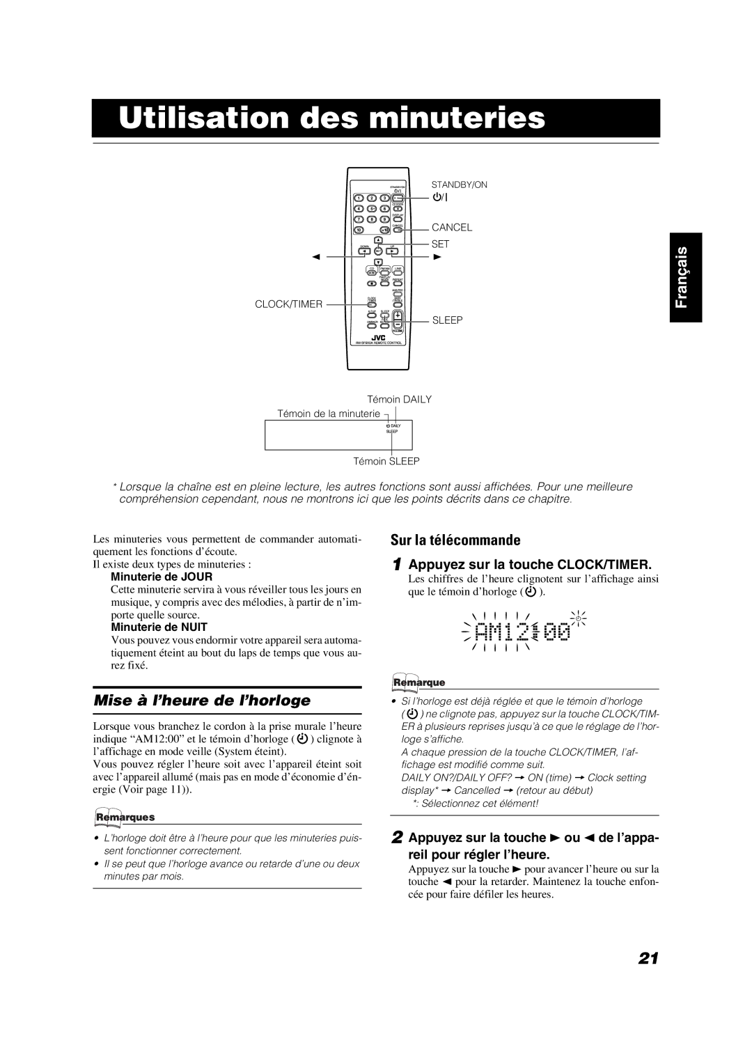 JVC SP-FSX1 Utilisation des minuteries, Mise à l’heure de l’horloge, Appuyez sur la touche CLOCK/TIMER, Minuterie de Jour 