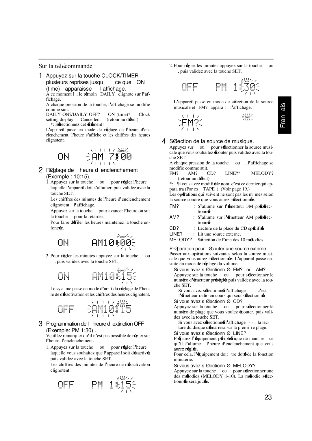 JVC FS-X 3, FS-X 1, SP-FSX1, SP-FSX3 Programmation de l’heure d’extinction OFF Exemple PM, Sélection de la source de musique 