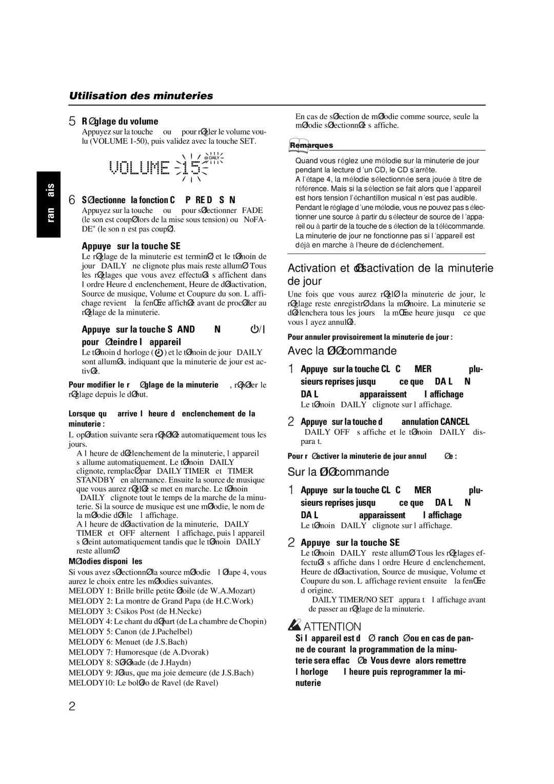 JVC CA-FSX3, FS-X 1, SP-FSX1, SP-FSX3, FS-X 3 manual Activation et désactivation de la minuterie de jour, Avec la télécommande 