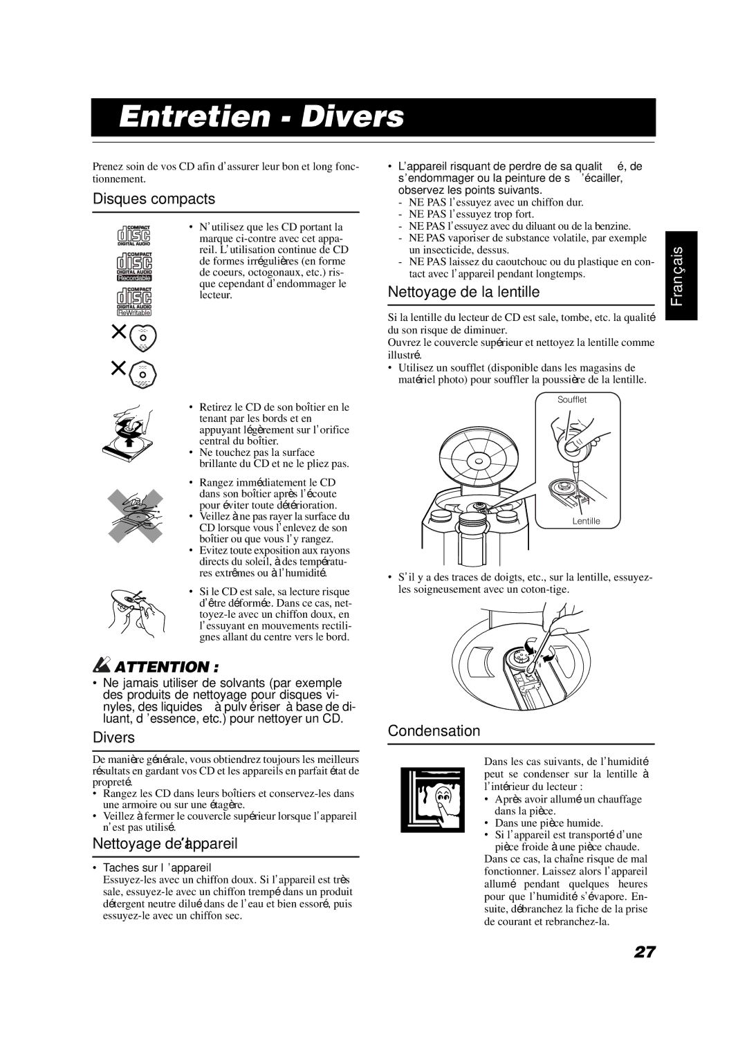 JVC SP-FSX1, FS-X 1, SP-FSX3, FS-X 3, CA-FSX3, CA-FSX1 manual Entretien Divers 