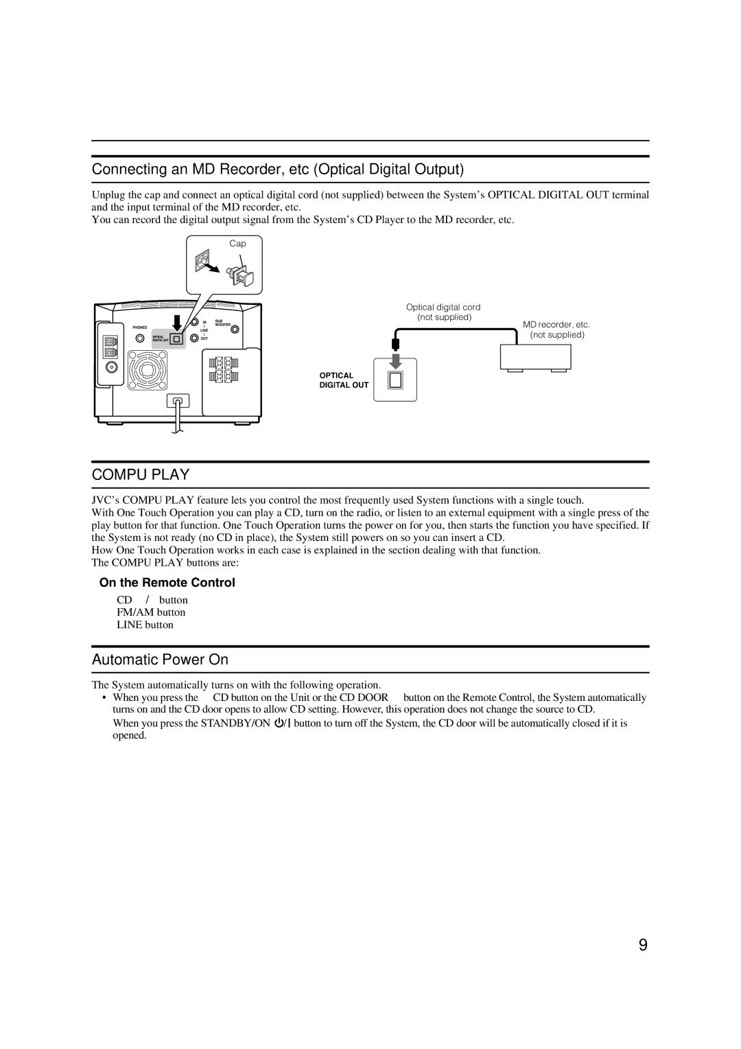 JVC FS-X1/FS-X3 manual Connecting an MD Recorder, etc Optical Digital Output, Automatic Power On 