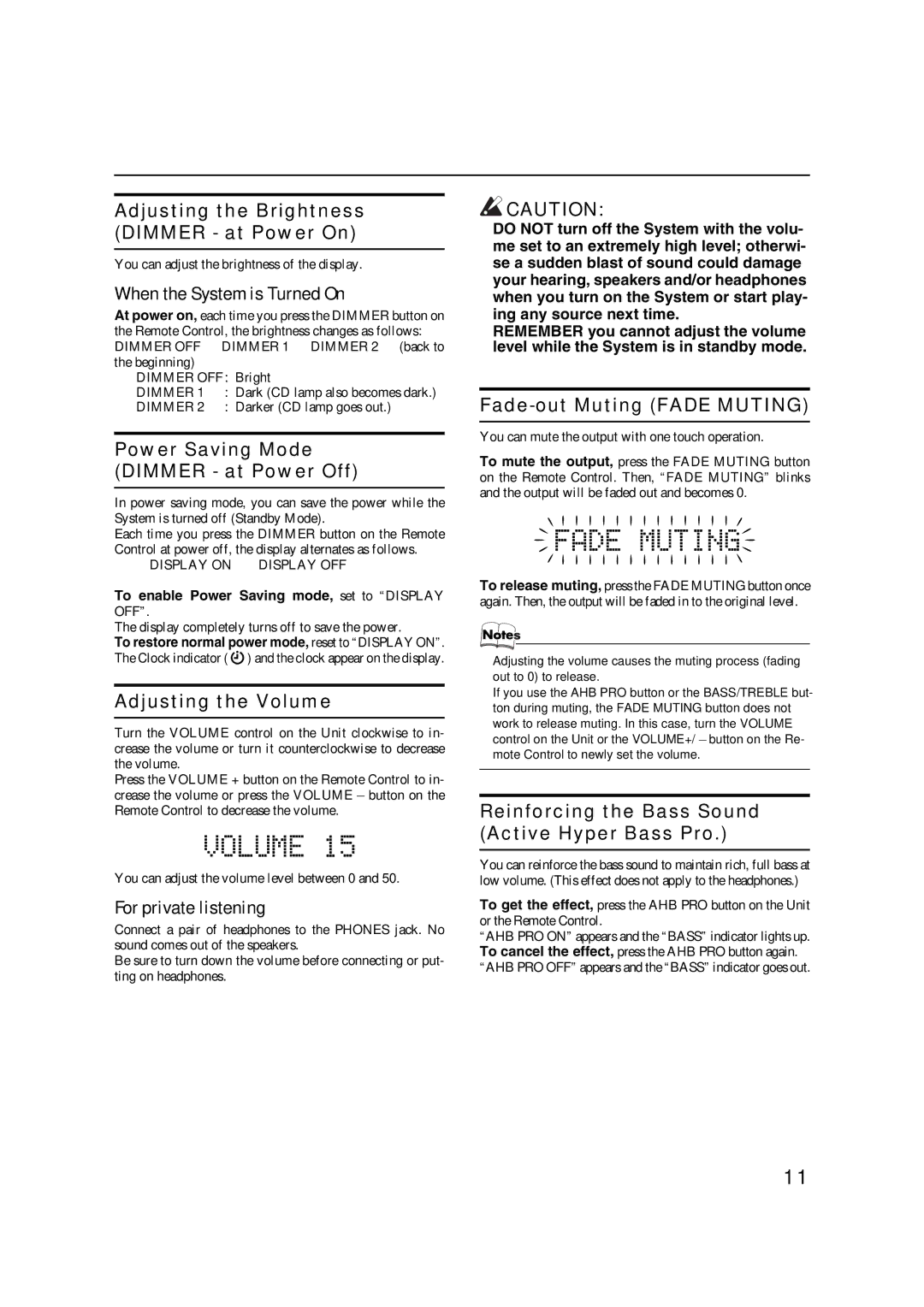 JVC FS-X1/FS-X3 Adjusting the Brightness Dimmer at Power On, Power Saving Mode Dimmer at Power Off, Adjusting the Volume 