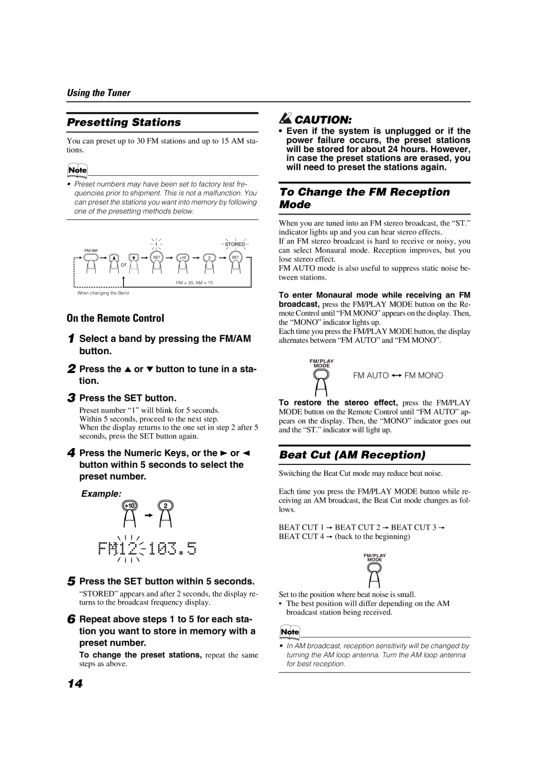 JVC FS-X1/FS-X3 manual Presetting Stations, To Change the FM Reception Mode, Beat Cut AM Reception 