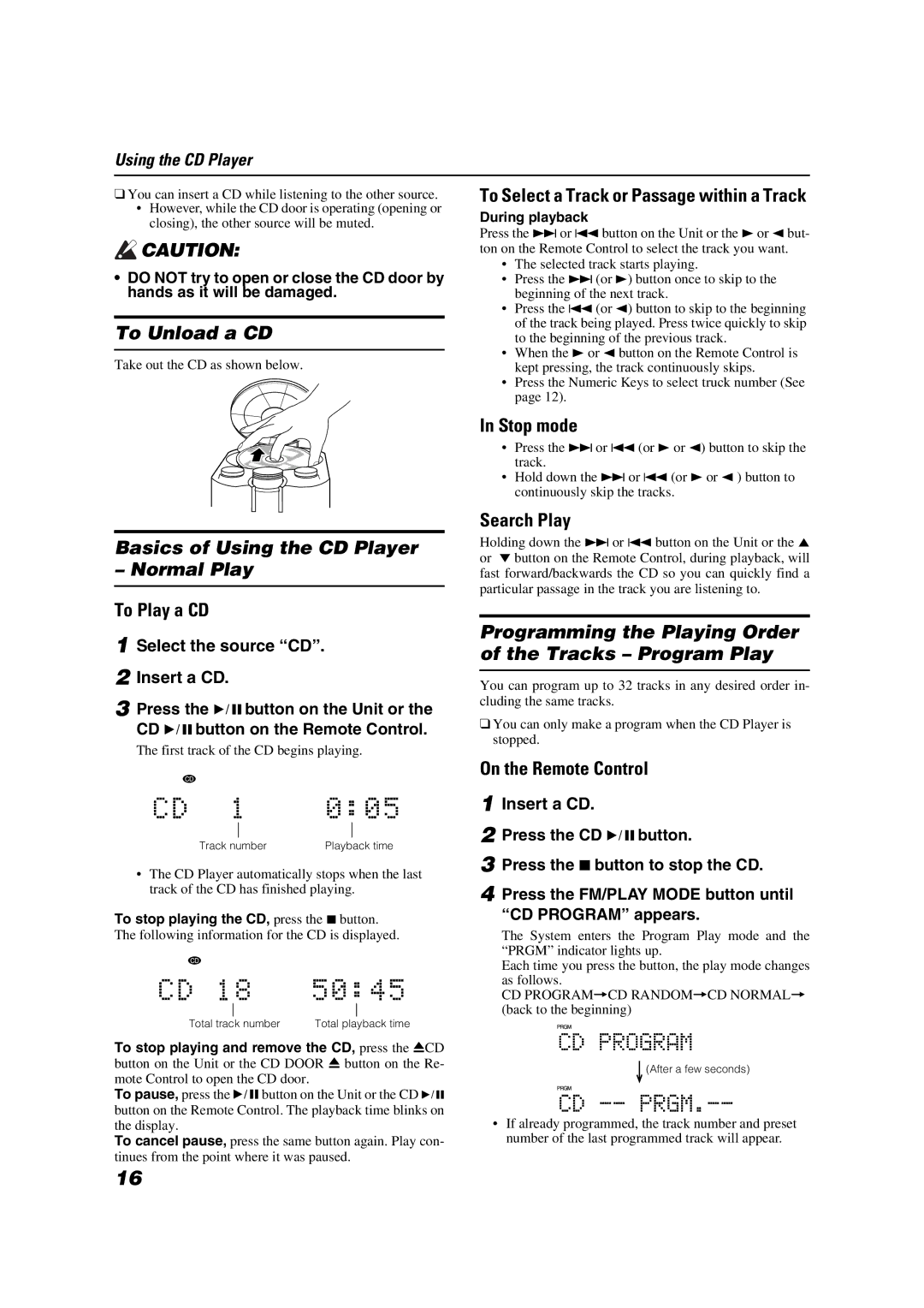 JVC FS-X1/FS-X3 manual To Unload a CD, Basics of Using the CD Player Normal Play 