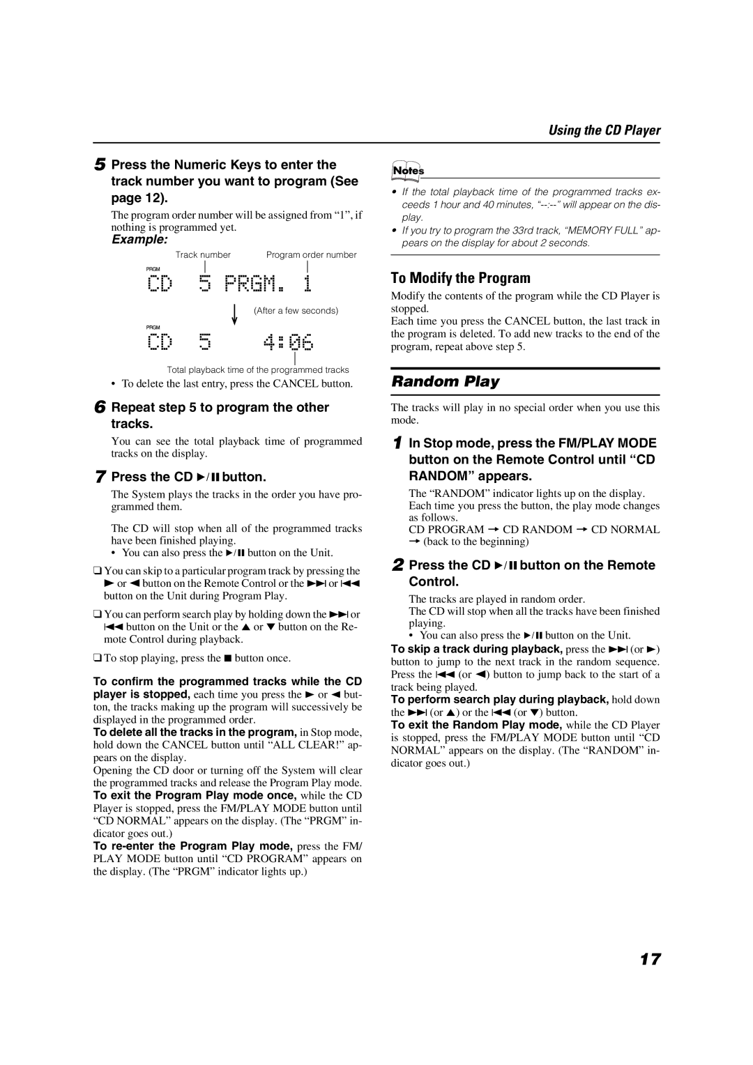 JVC FS-X1/FS-X3 manual To Modify the Program, Random Play, Repeat to program the other tracks 