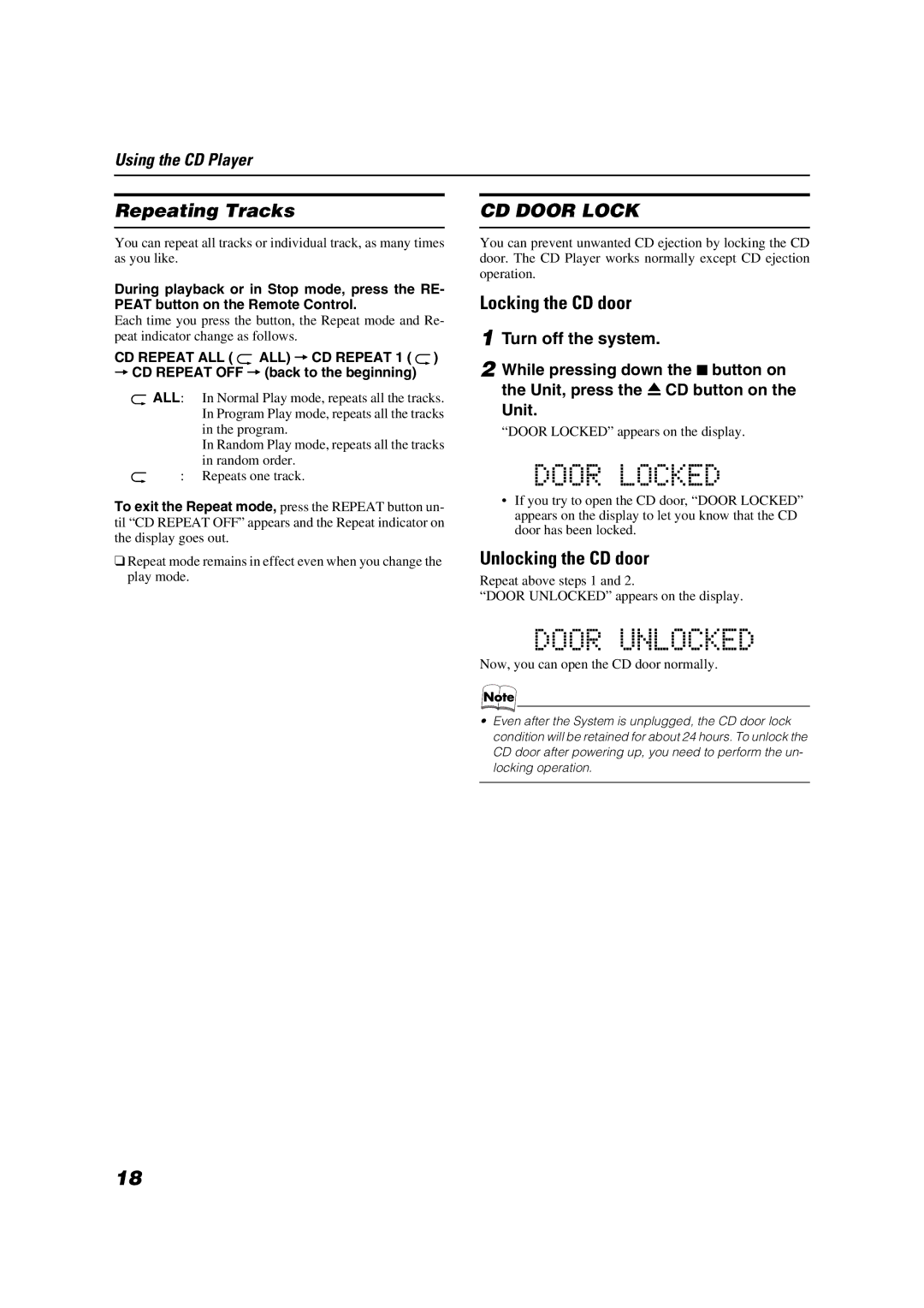 JVC FS-X1/FS-X3 manual Repeating Tracks, Locking the CD door, Unlocking the CD door, Turn off the system, Unit 