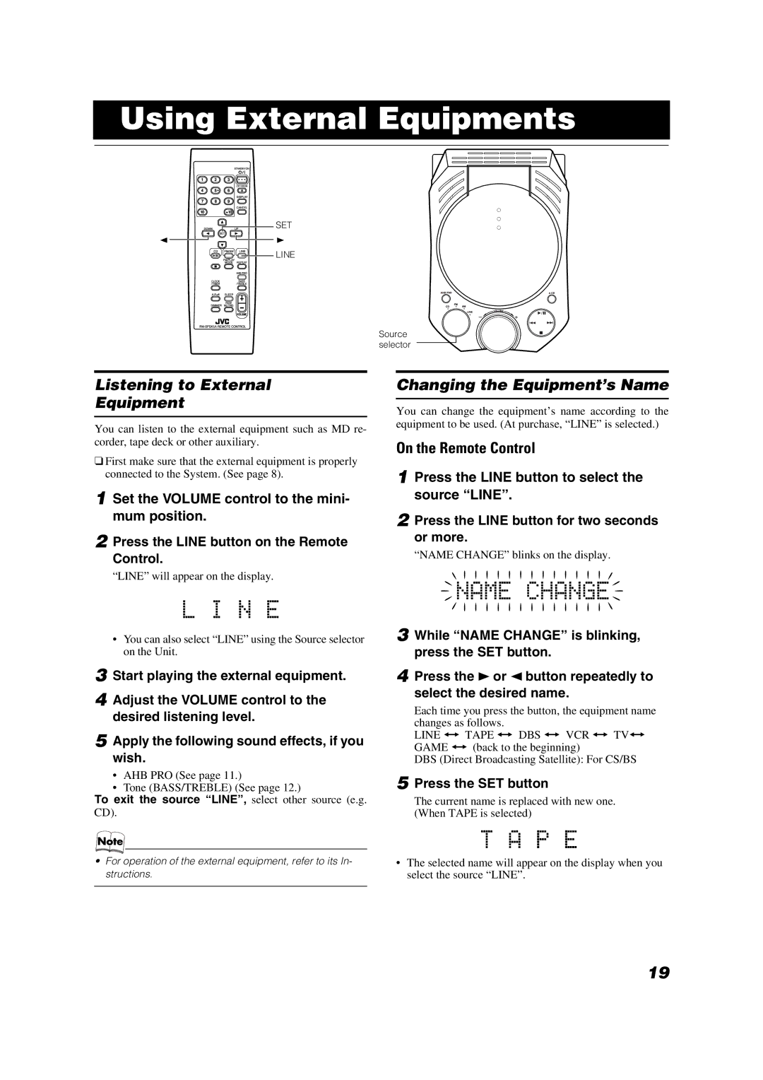 JVC FS-X1/FS-X3 manual Using External Equipments, Listening to External Equipment, Changing the Equipment’s Name 