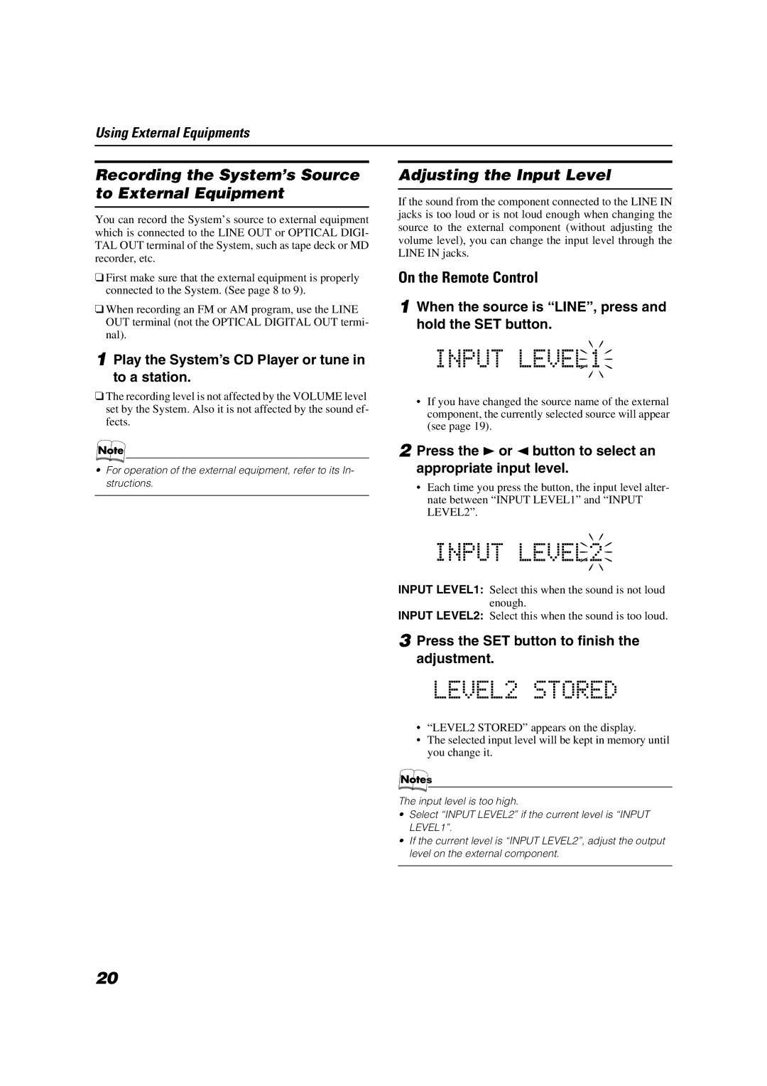 JVC FS-X1/FS-X3 manual Recording the System’s Source to External Equipment, Adjusting the Input Level 