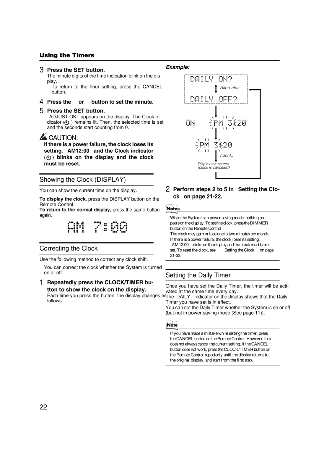 JVC FS-X1/FS-X3 manual Showing the Clock Display, Correcting the Clock, Setting the Daily Timer 