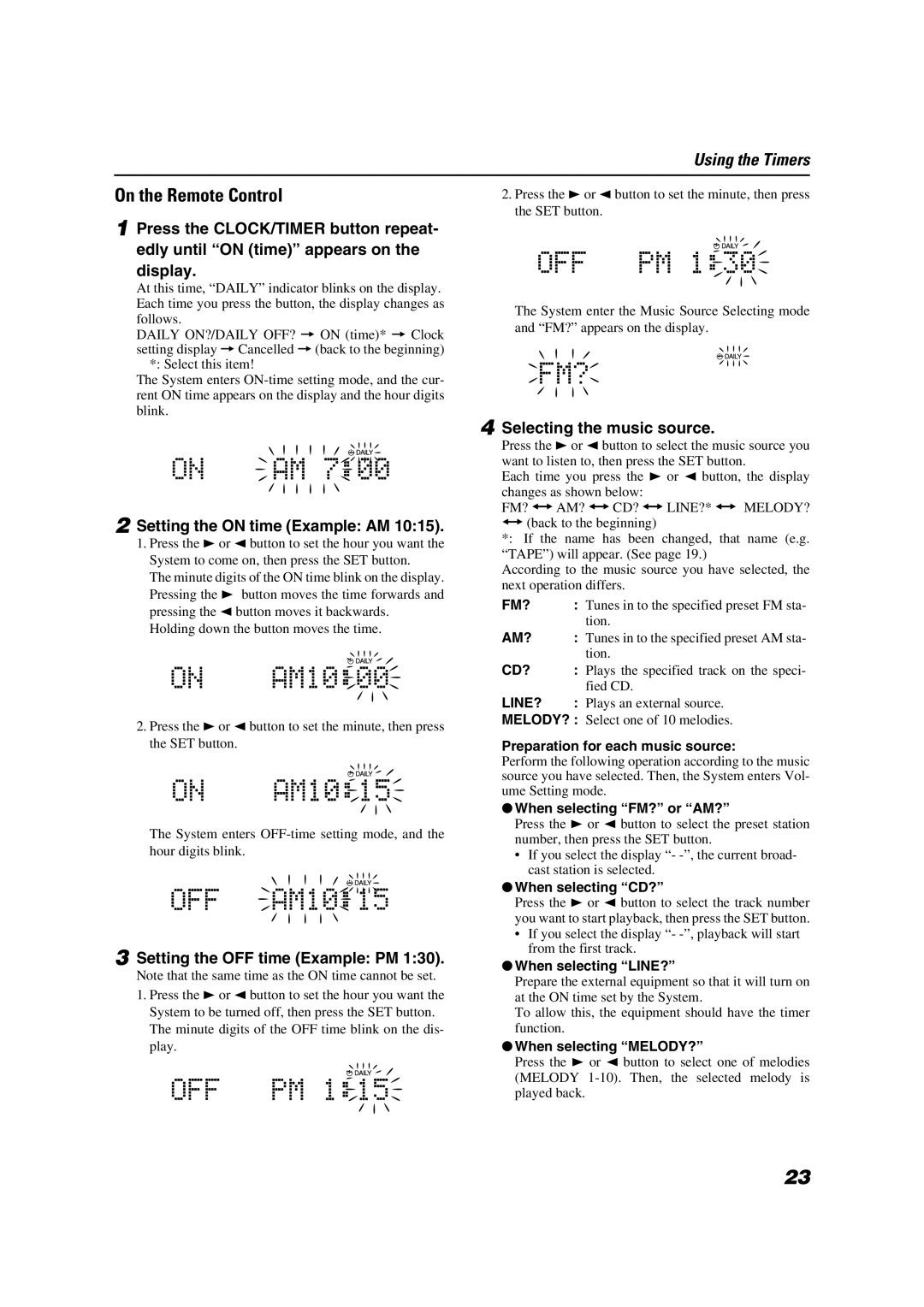 JVC FS-X1/FS-X3 manual Setting the on time Example AM, Setting the OFF time Example PM, Selecting the music source 