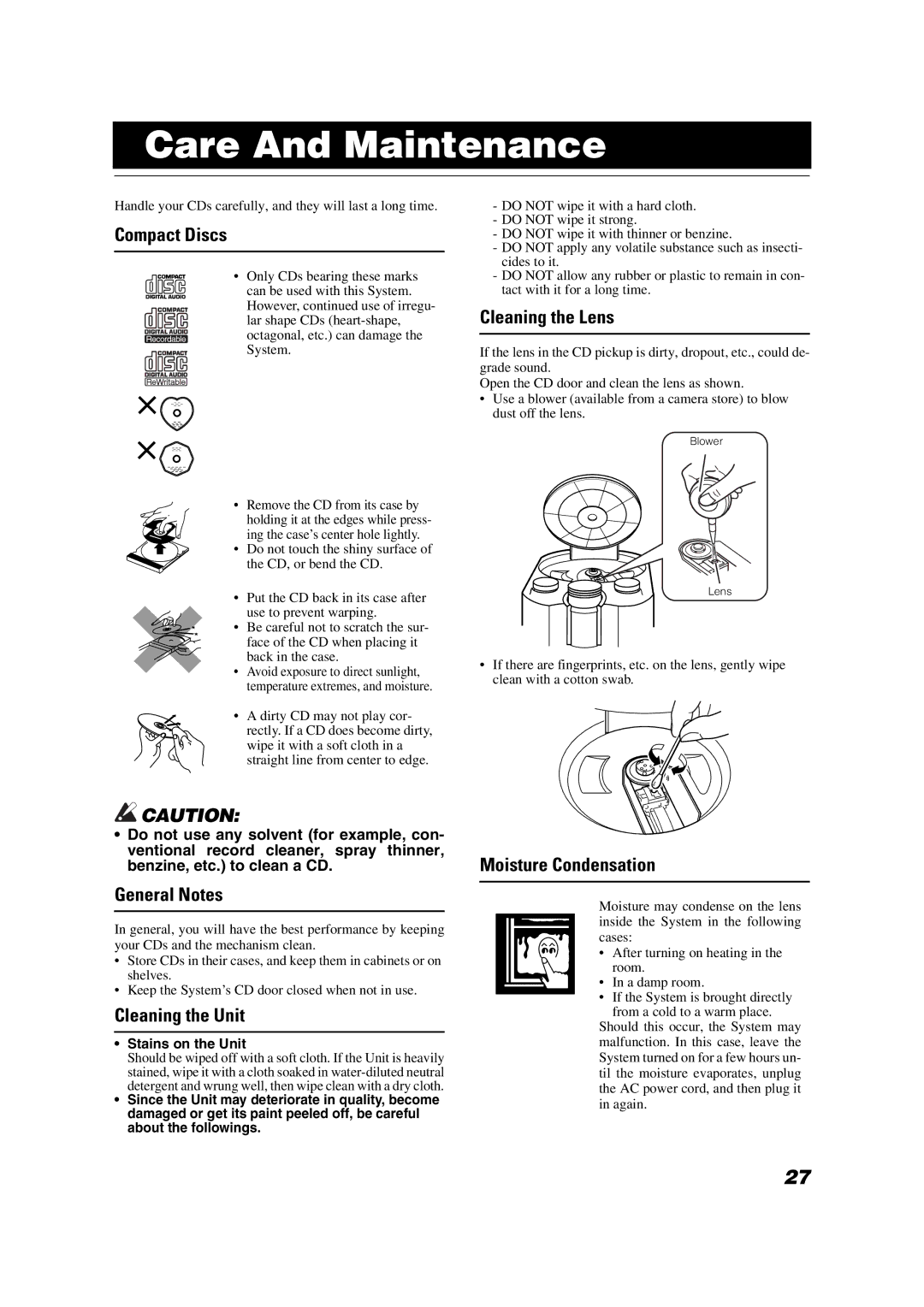 JVC FS-X1/FS-X3 manual Care And Maintenance 