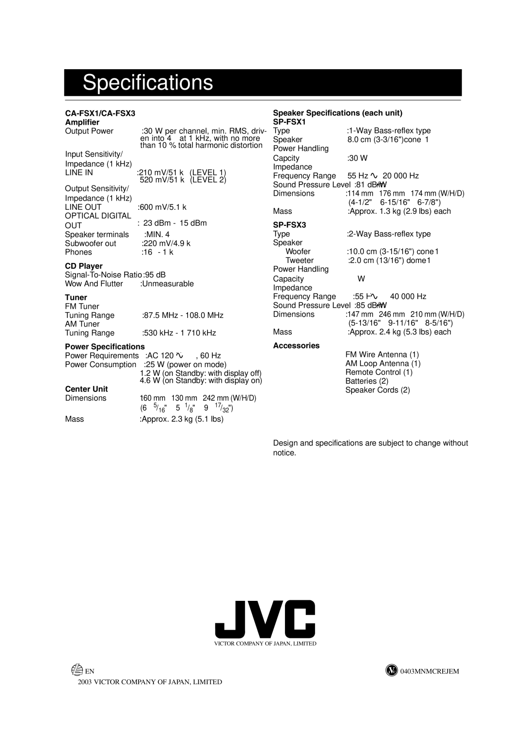 JVC FS-X1/FS-X3 manual Specifications 