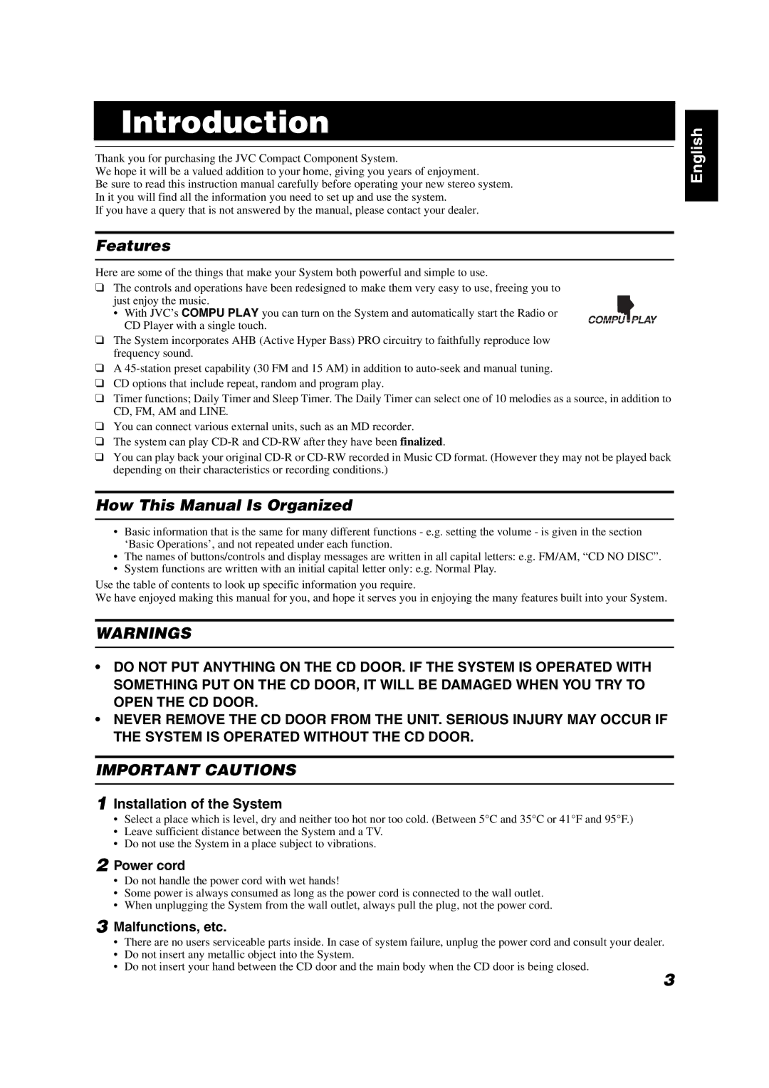 JVC FS-X1/FS-X3 manual Introduction 