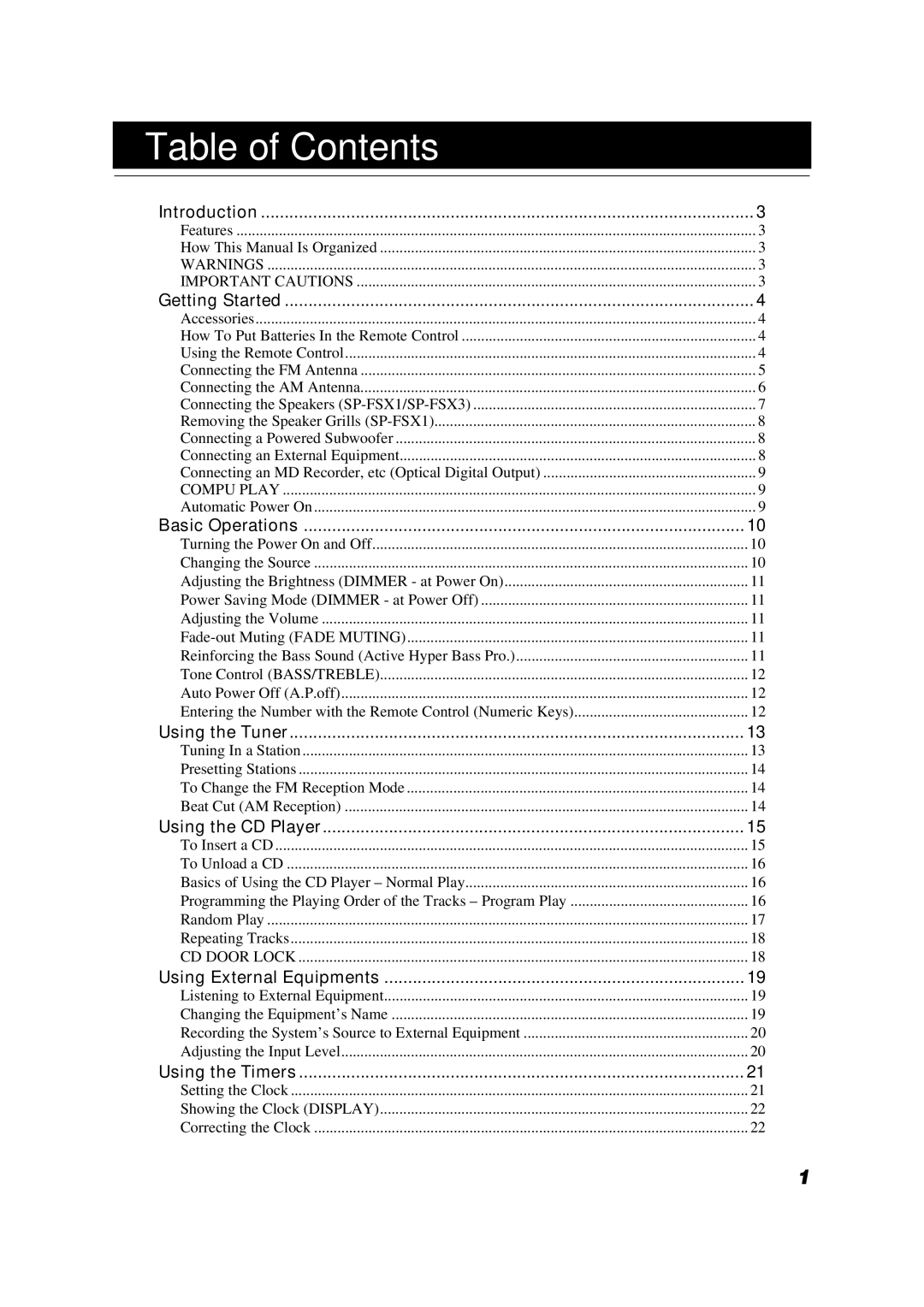 JVC FS-X1/FS-X3 manual Table of Contents 