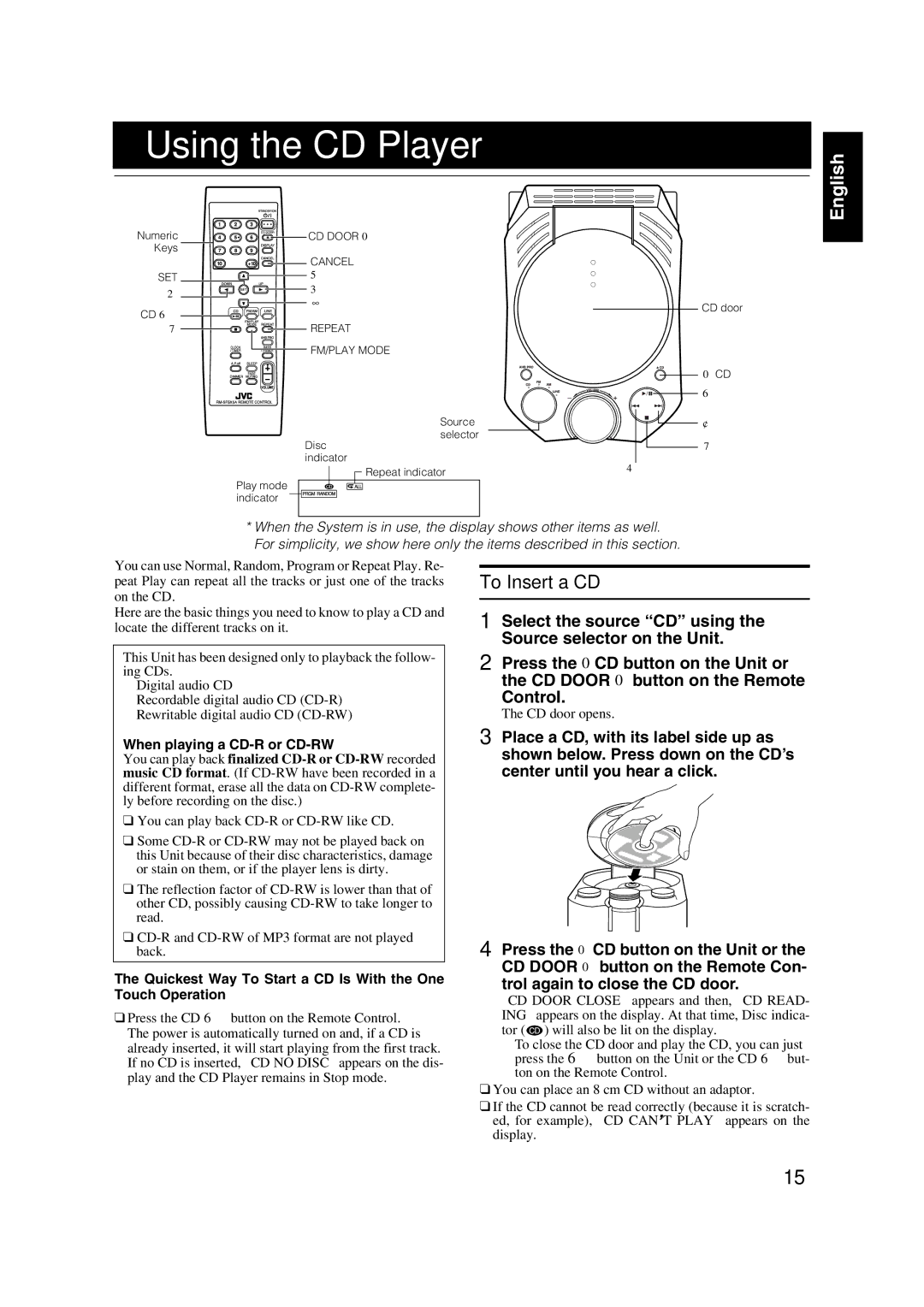 JVC FS-X1/FS-X3 manual Using the CD Player 