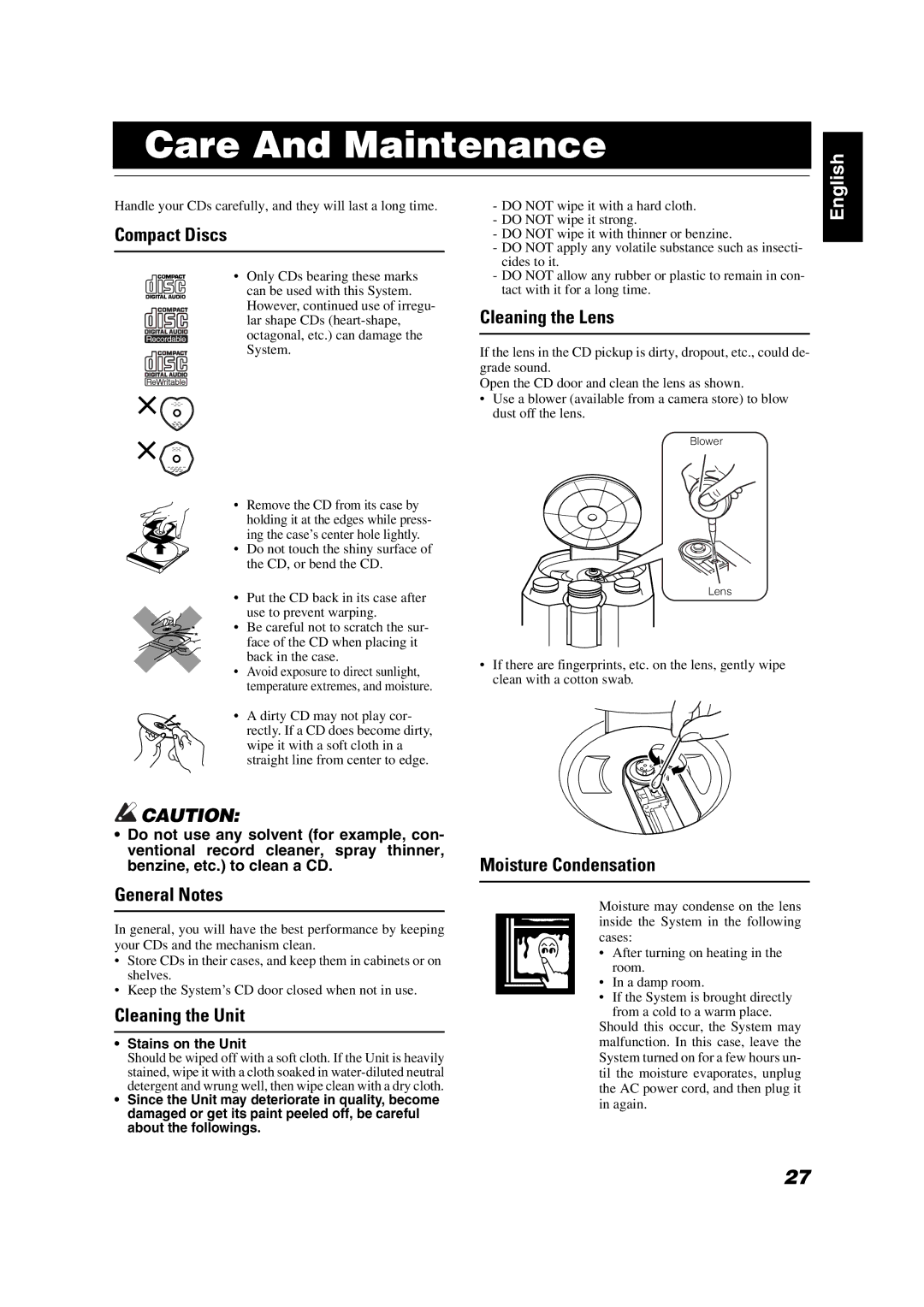 JVC FS-X1/FS-X3 manual Care And Maintenance 