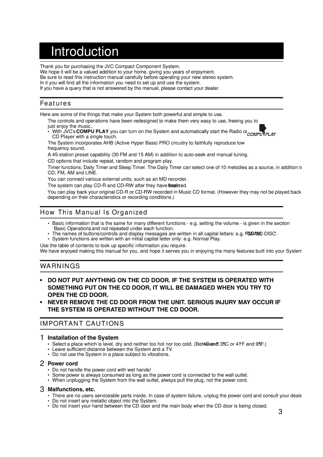 JVC FS-X1/FS-X3 manual Introduction, Features, How This Manual Is Organized 