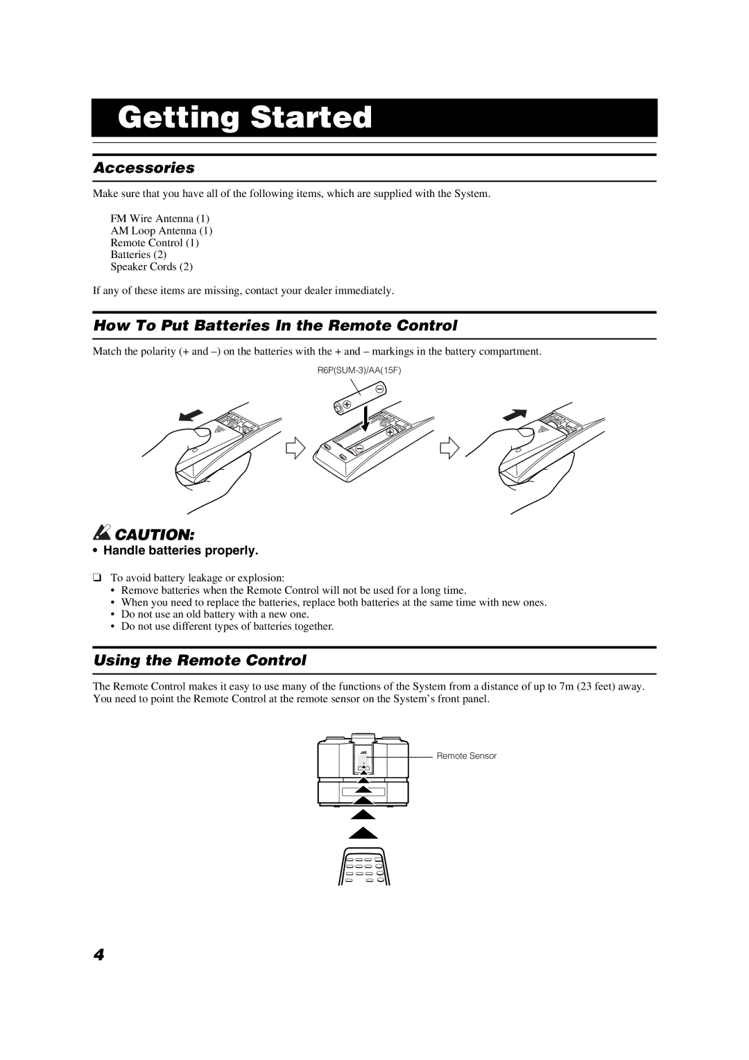 JVC FS-X1/FS-X3 manual Getting Started, Accessories, How To Put Batteries In the Remote Control, Using the Remote Control 