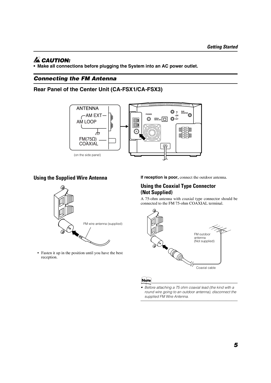 JVC FS-X1/FS-X3 Connecting the FM Antenna, Using the Supplied Wire Antenna, Using the Coaxial Type Connector Not Supplied 