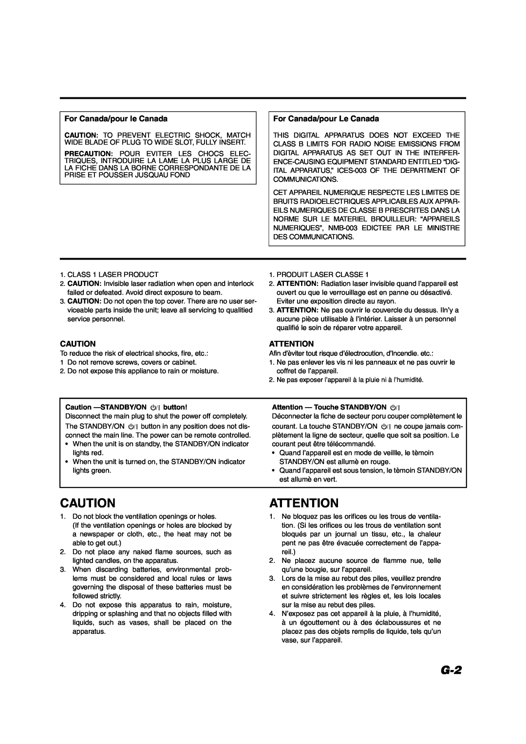 JVC FS-X1/FS-X3 manual For Canada/pour le Canada, For Canada/pour Le Canada, Caution -STANDBY/ON button 