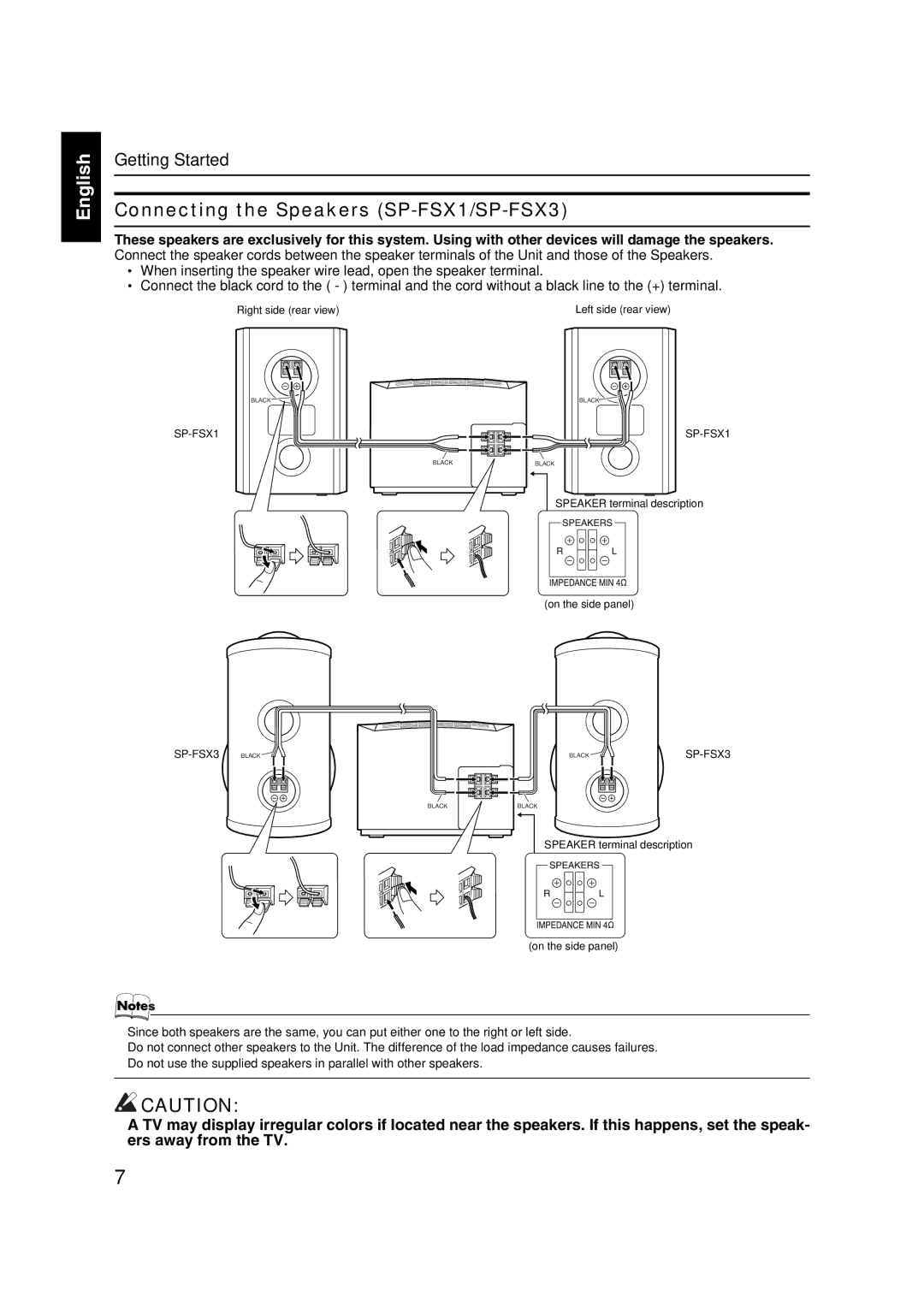 JVC FS-X3, FS-X1 manual Connecting the Speakers SP-FSX1/SP-FSX3 