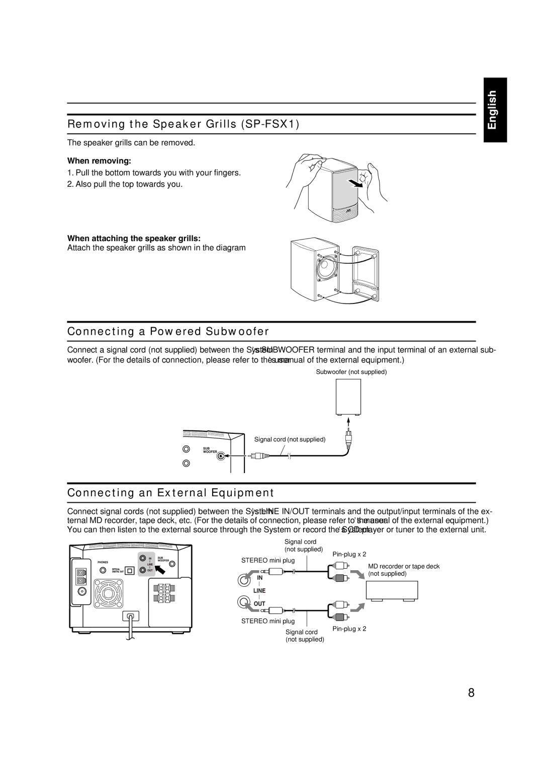 JVC FS-X1, FS-X3 Removing the Speaker Grills SP-FSX1, Connecting a Powered Subwoofer, Connecting an External Equipment 