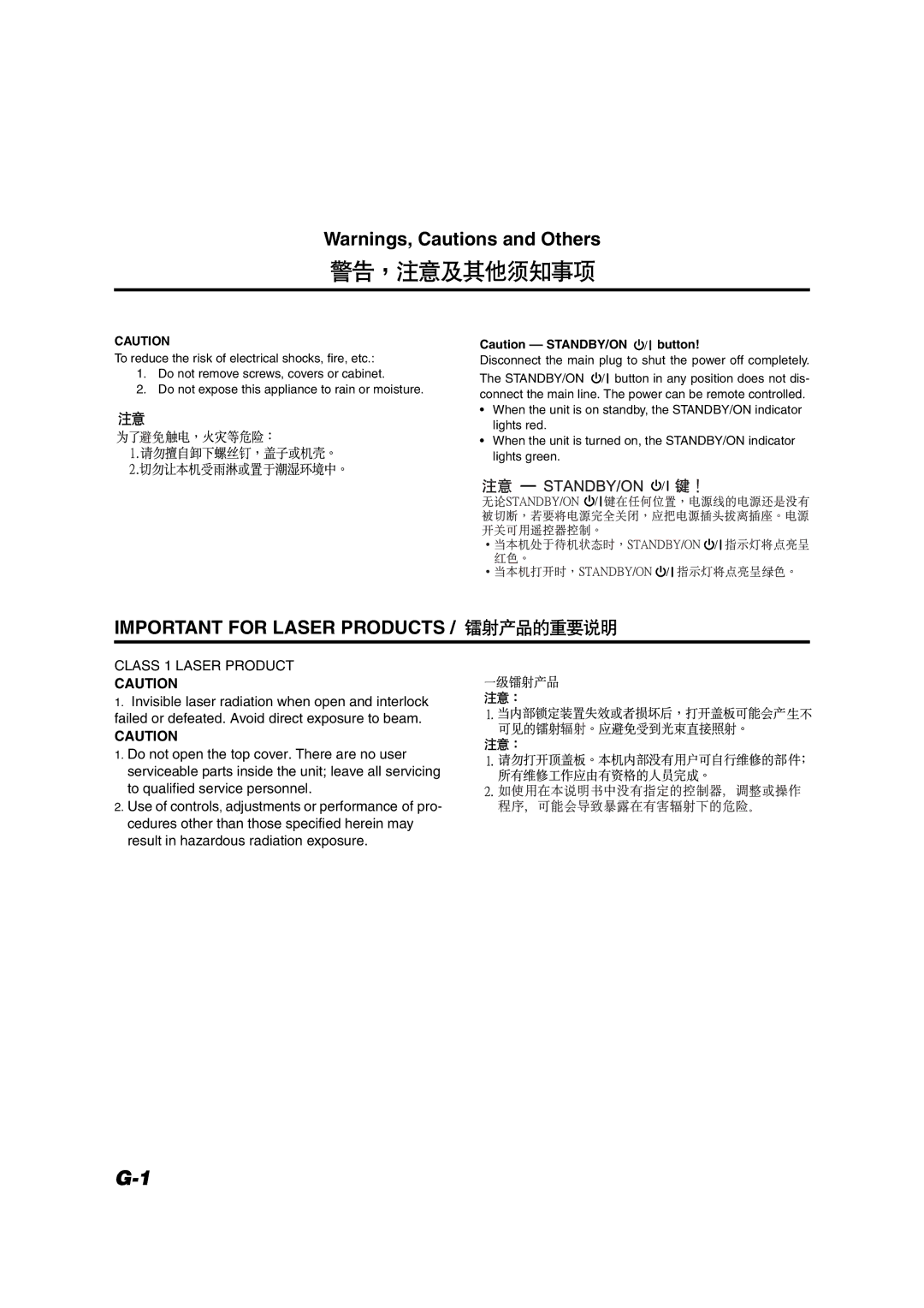 JVC FS-X3, FS-X1 manual Important for Laser Products 