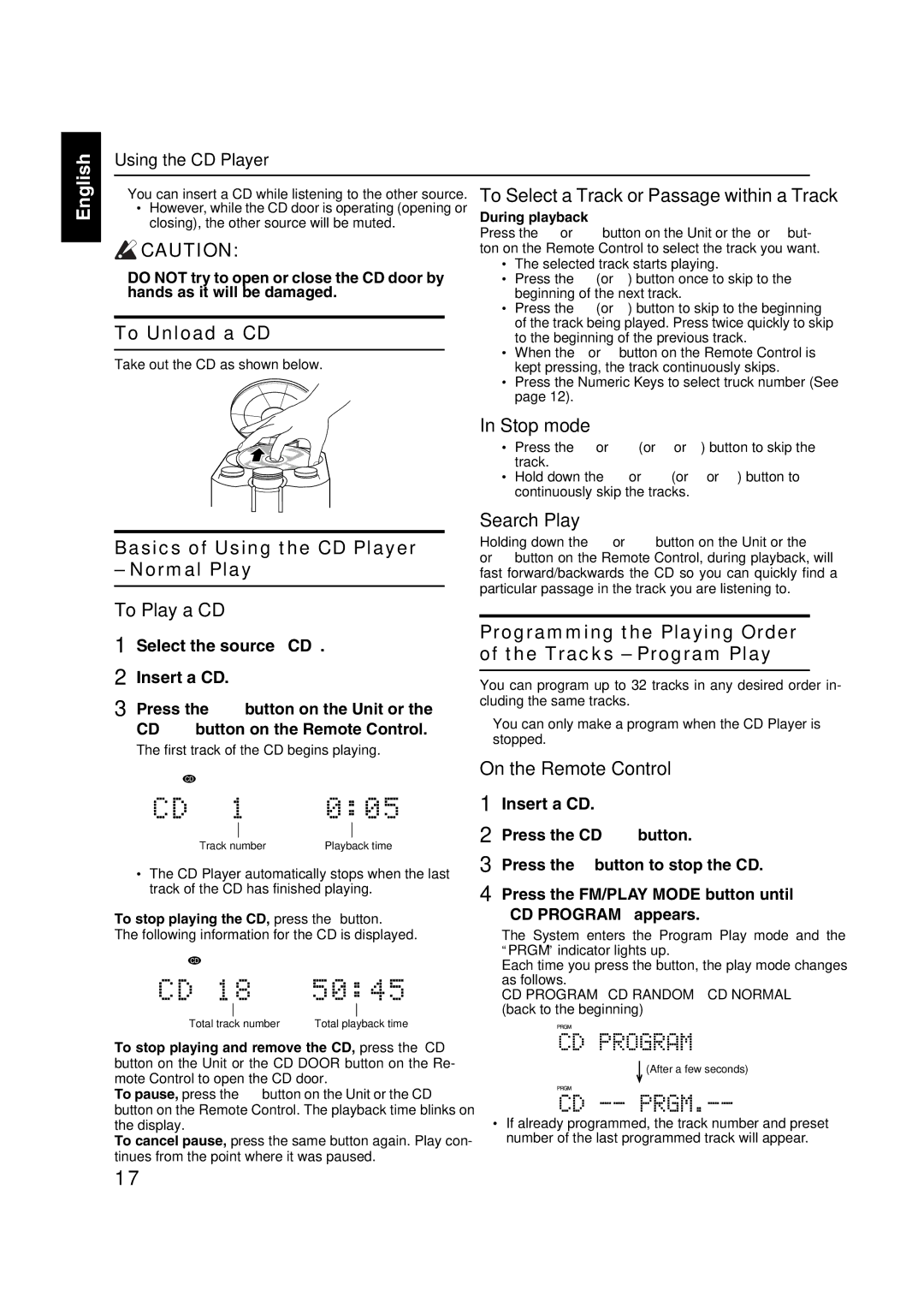 JVC FS-X3, FS-X1 manual To Unload a CD, Basics of Using the CD Player Normal Play 