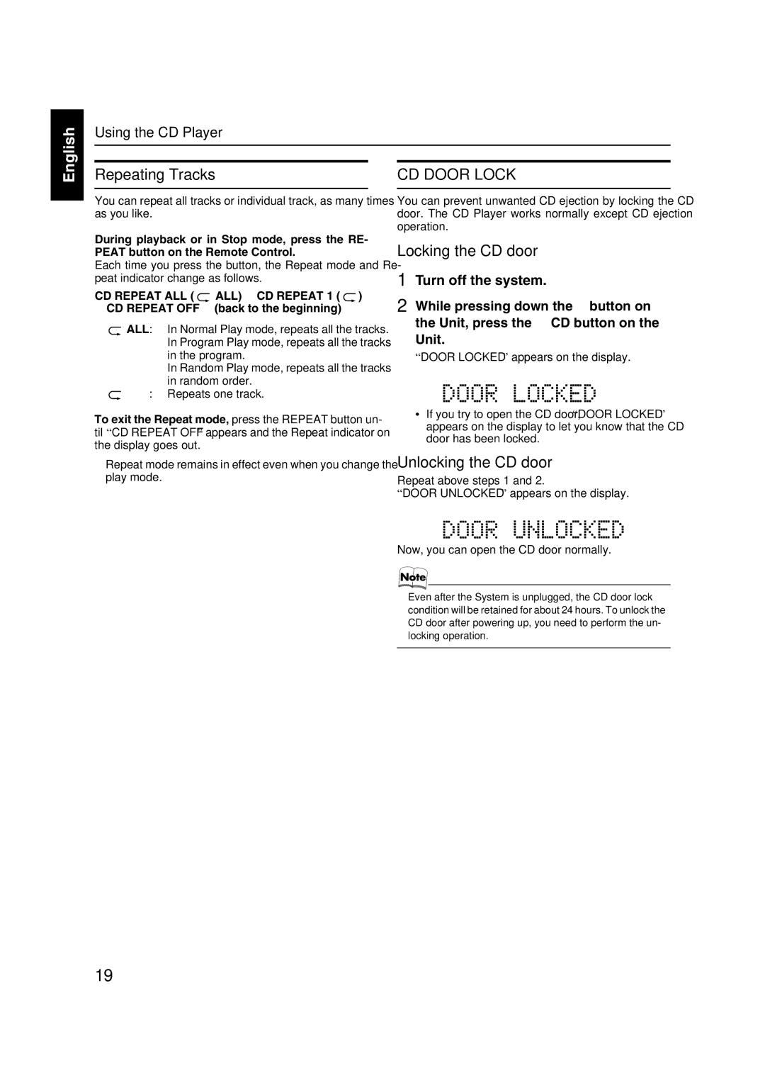 JVC FS-X3, FS-X1 manual Repeating Tracks, Locking the CD door, Unlocking the CD door, Turn off the system, Unit 