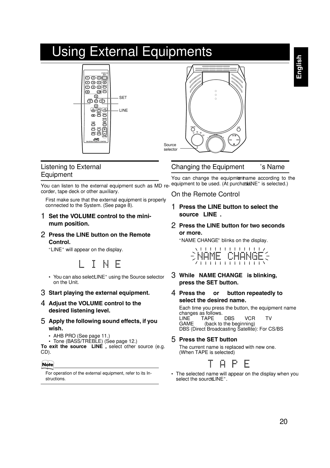 JVC FS-X1, FS-X3 manual Using External Equipments, Listening to External Equipment, Changing the Equipment’s Name 