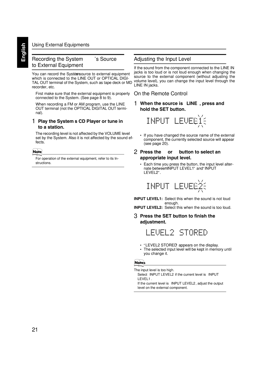 JVC FS-X3, FS-X1 manual Recording the System’s Source to External Equipment, Adjusting the Input Level 