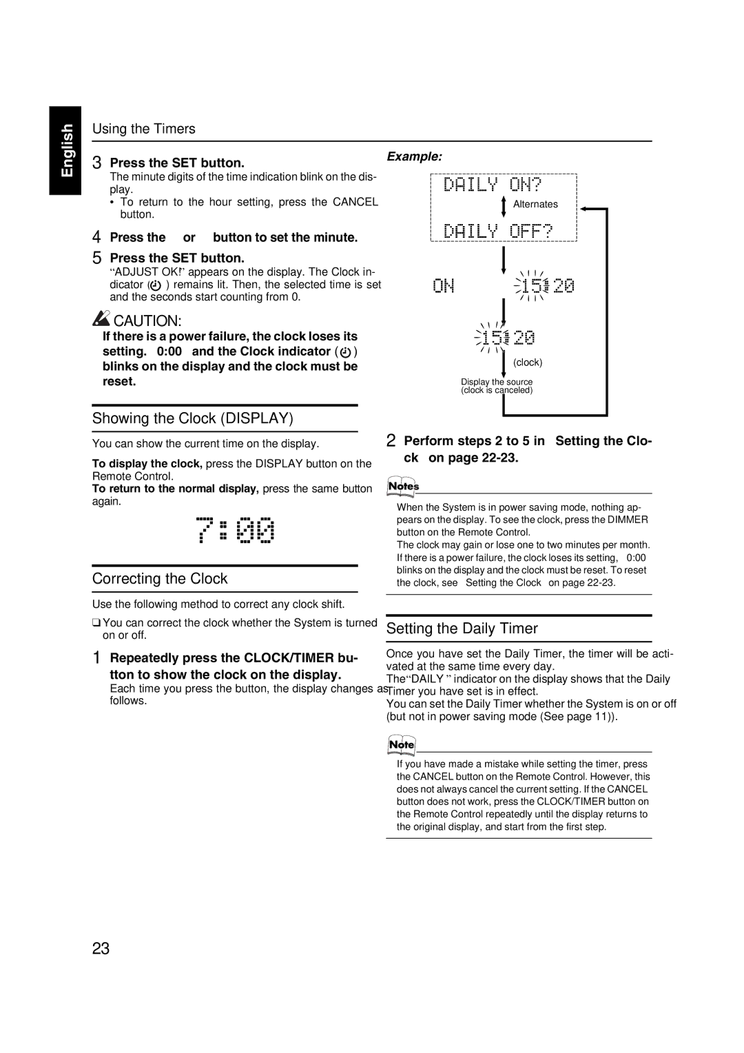 JVC FS-X3, FS-X1 manual Showing the Clock Display, Correcting the Clock, Setting the Daily Timer 