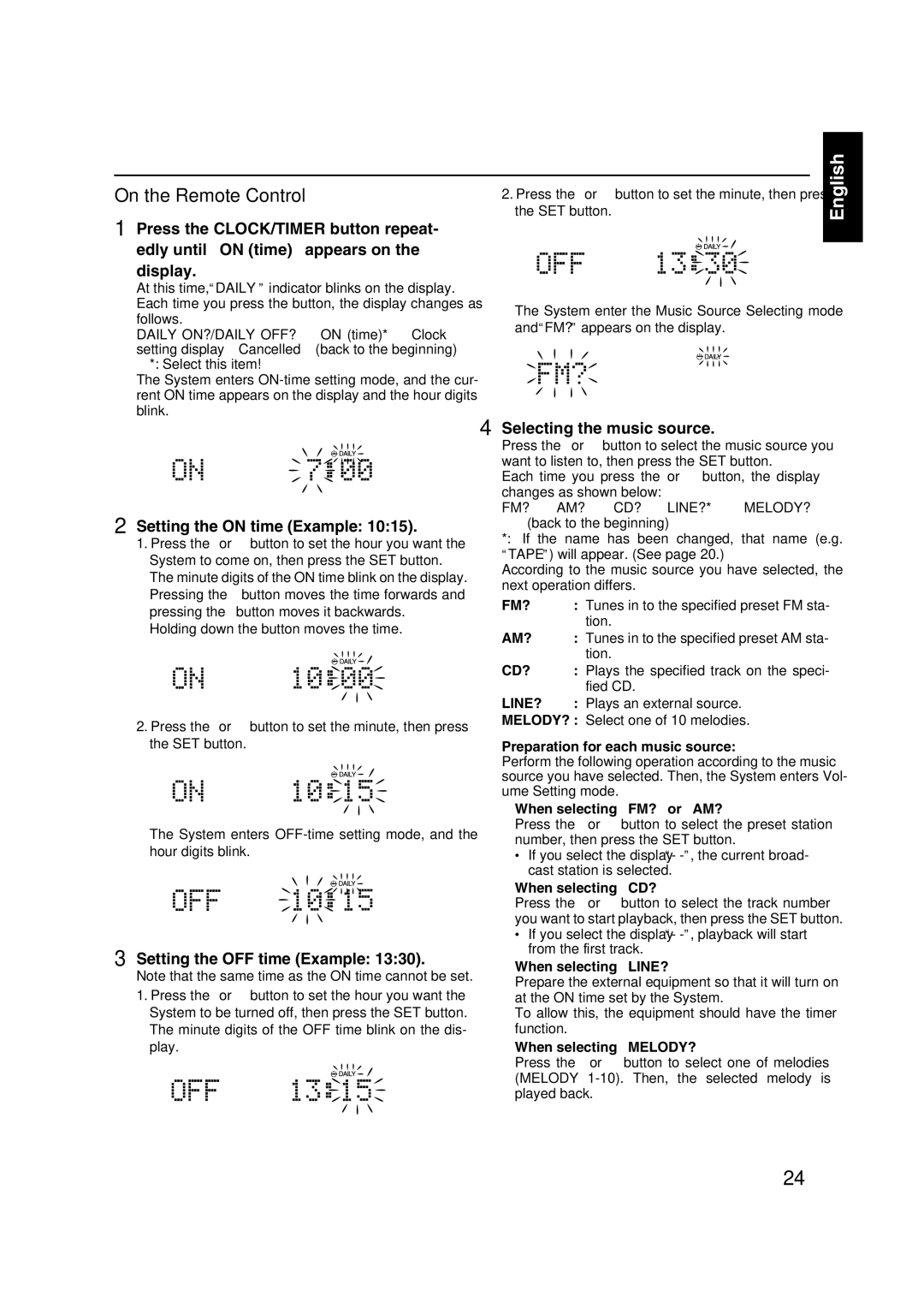 JVC FS-X1, FS-X3 manual Setting the on time Example, Setting the OFF time Example, Selecting the music source 