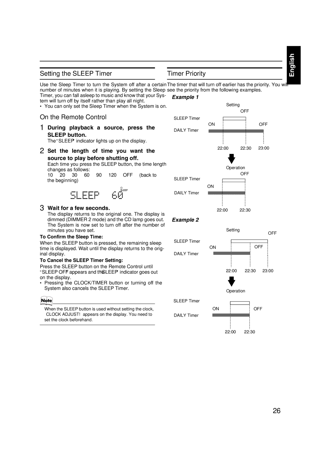 JVC FS-X1, FS-X3 manual Setting the Sleep Timer, Timer Priority, During playback a source, press the Sleep button 