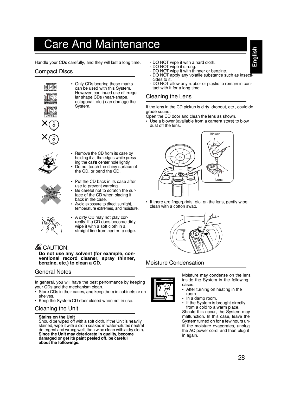 JVC FS-X1, FS-X3 manual Care And Maintenance 