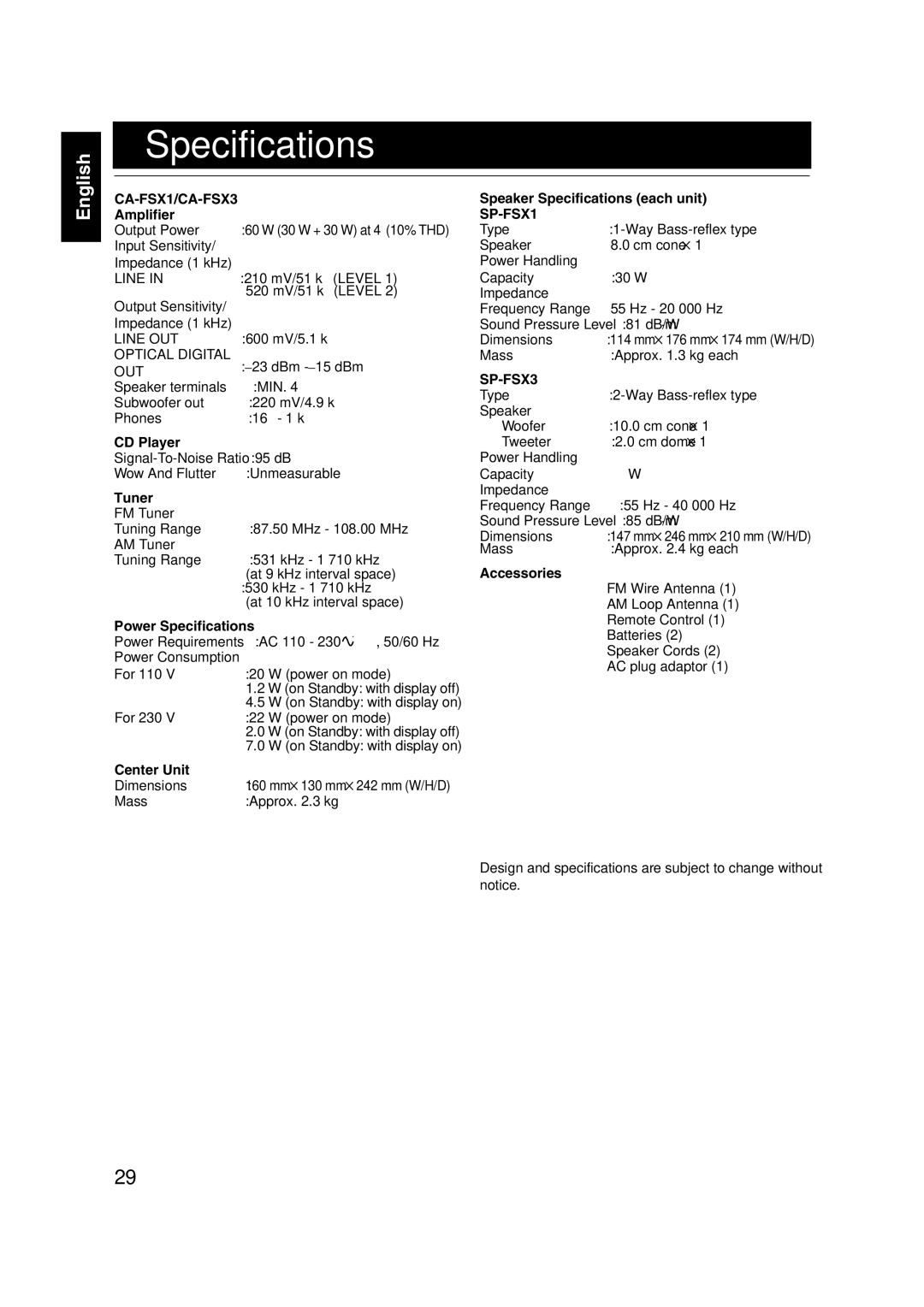 JVC FS-X3, FS-X1 manual Specifications 